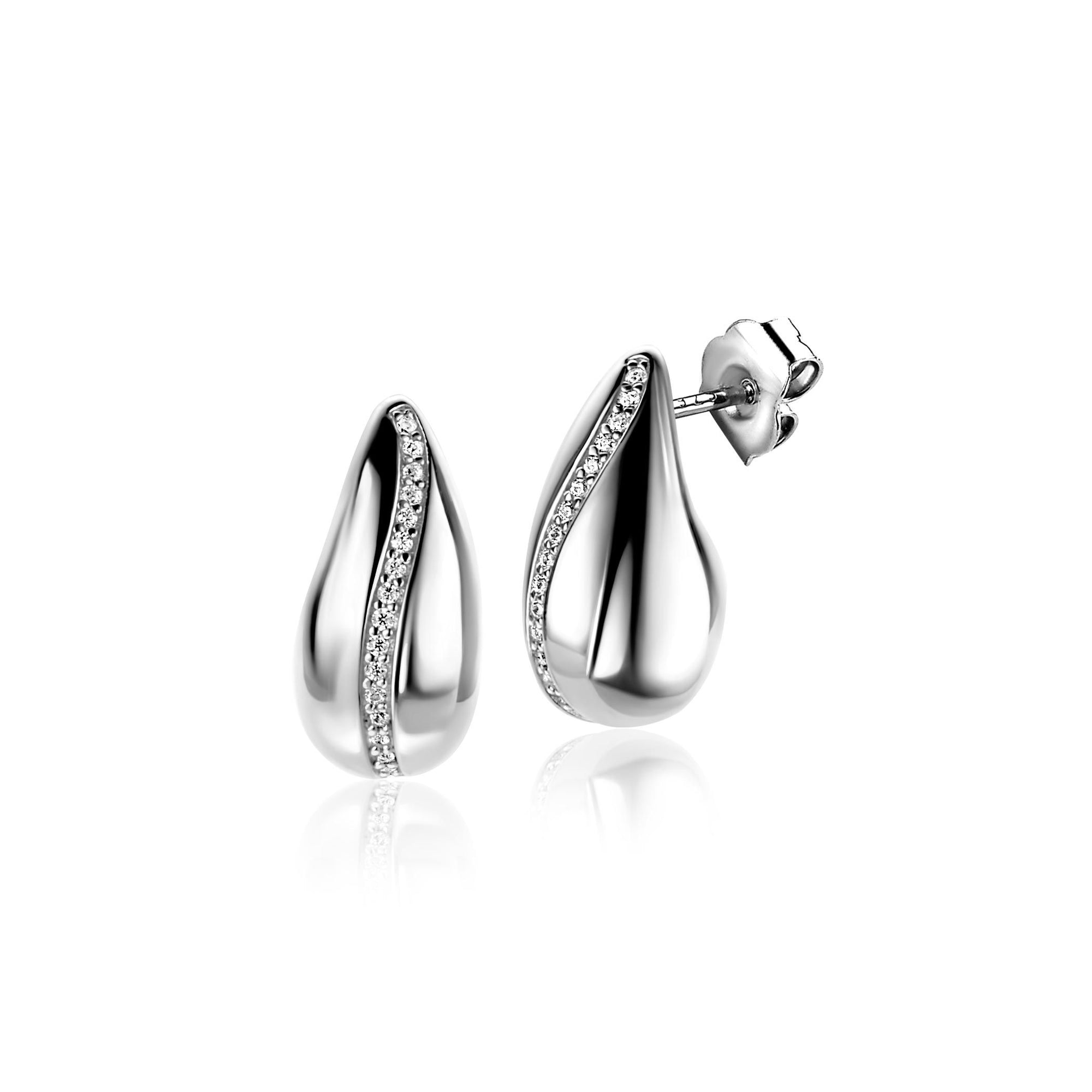 ZINZI zilveren oorstekers in druppelvorm met golvende rij witte zirkonia's 17mm ZIO2707 - PansiteNederland.nl