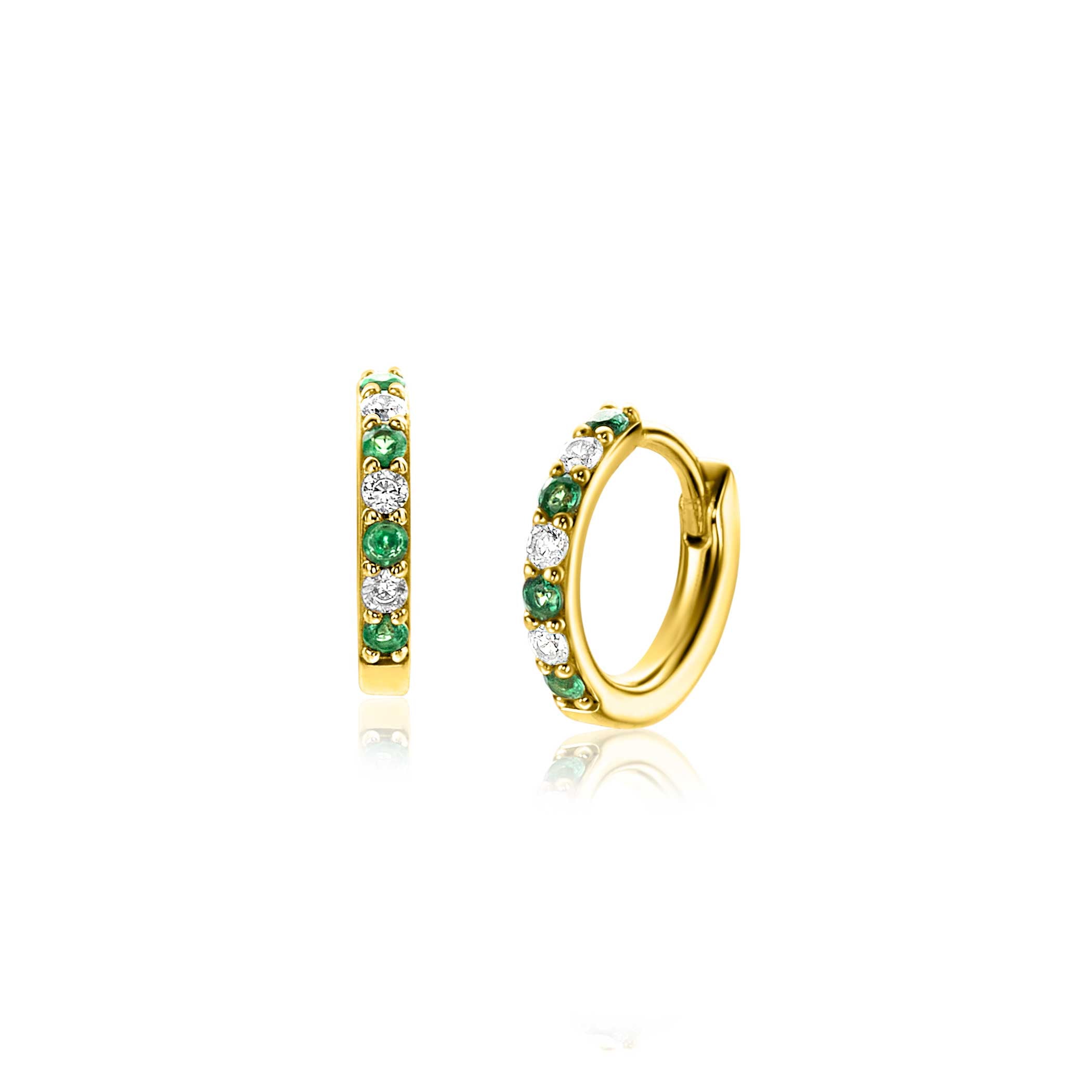 12mm ZINZI gold plated zilveren oorbellen bezet met ronde witte zirconia's en diepgroene kleurstenen 2mm buisdikte met luxe