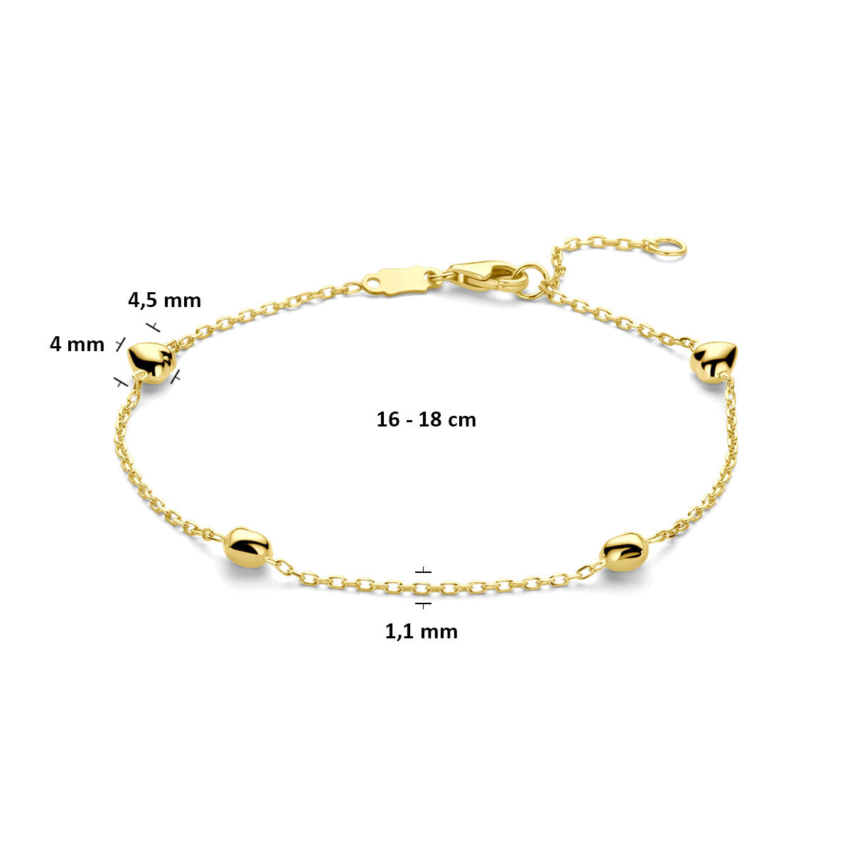 9k armband hartjes 16 - 18 cm 9K geel