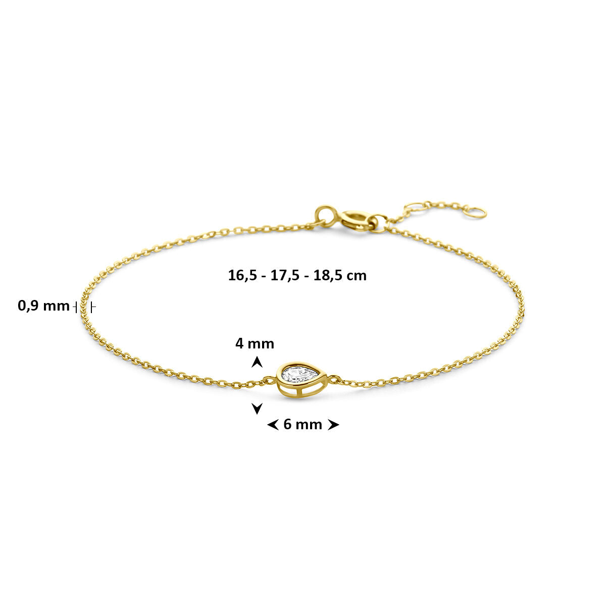 Armband zirkonia 9K geelgoud 16,5 - 17,5 - 18,5 cm peer