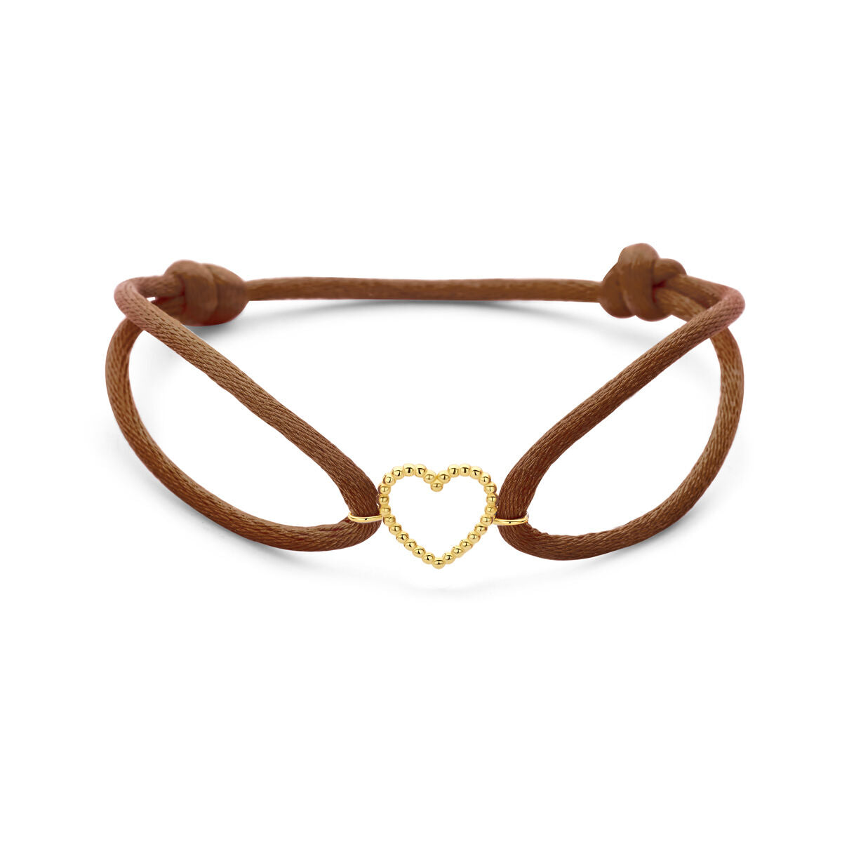 Armband bruin satijn hartje 13 - 26 cm 14K goud met rubber/nylon/leer