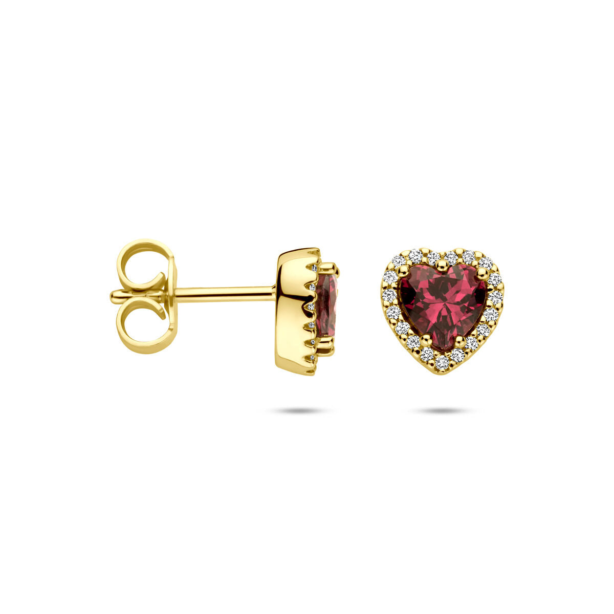 Fantasy Collection Oorbellen hartje roze rhodoliet en diamant 0.10ct (2x 0.05ct) h si 7,5 mm 14K geelgoud