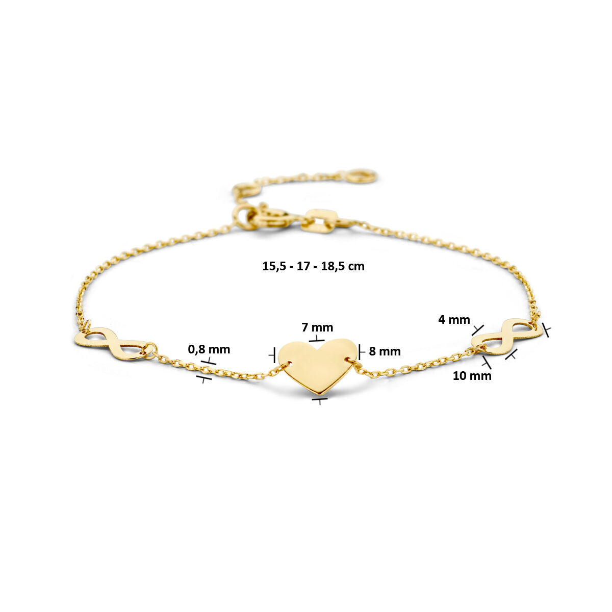Armband hartje en infinity 9K geelgoud 15,5 - 17 - 18,5 cm