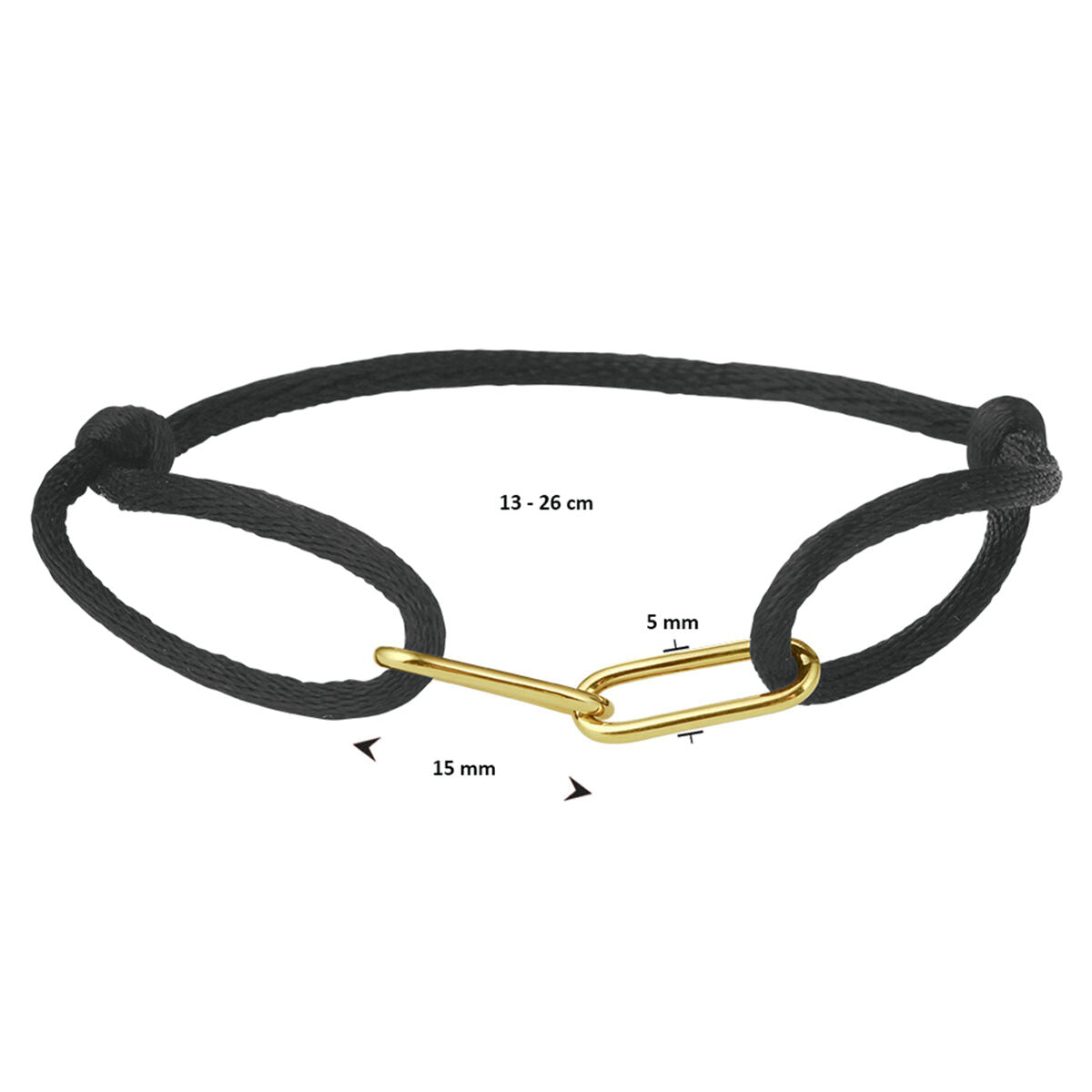 Armband satijn zwart 13 - 26 cm 14K goud met rubber/nylon/leer 5 x 15 mm – 4700128