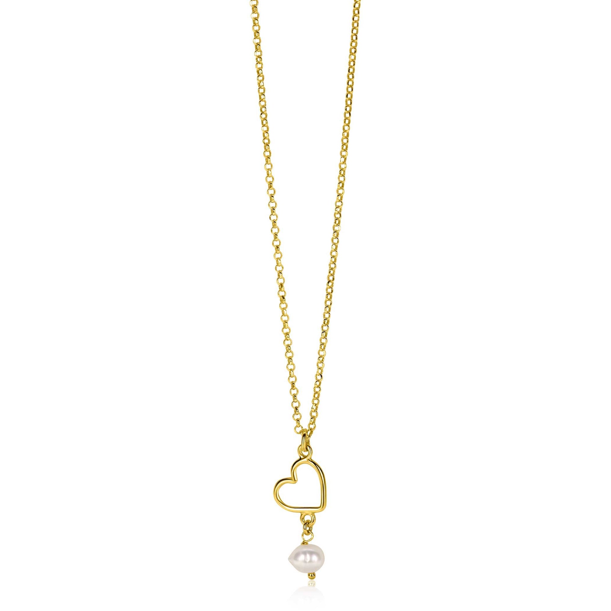 ZINZI gold plated zilveren ketting met open hartje en bungelend witte zoetwaterparel 40-45cm ZIC2642