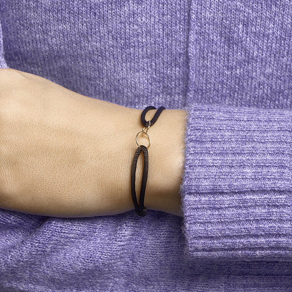 Armband satijn zwart rondjes 13 - 26 cm 14K goud met rubber/nylon/leer
