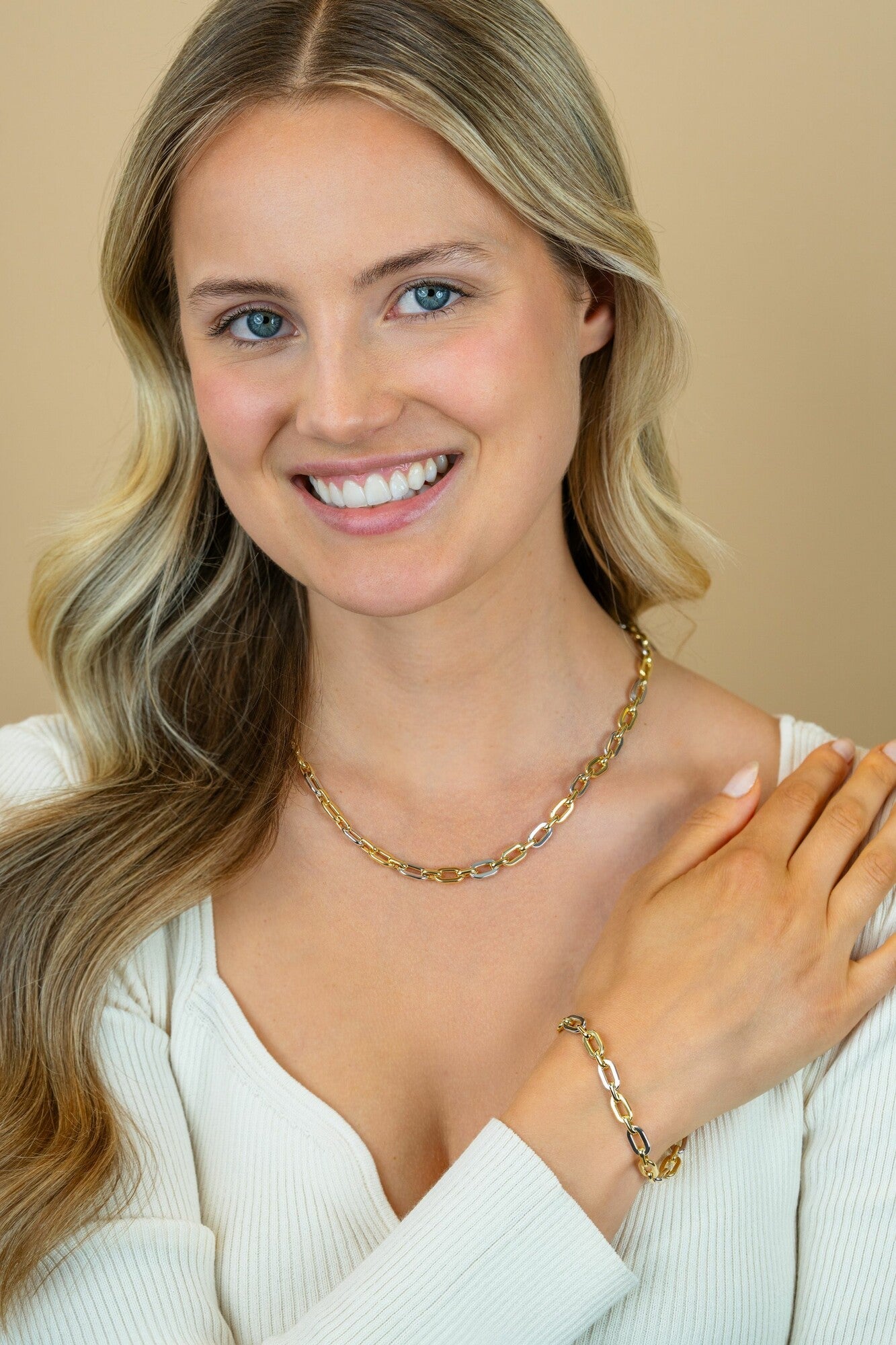 ZINZI gold plated armband met bicolor rechthoekige schakels 6,5mm ZIA2757