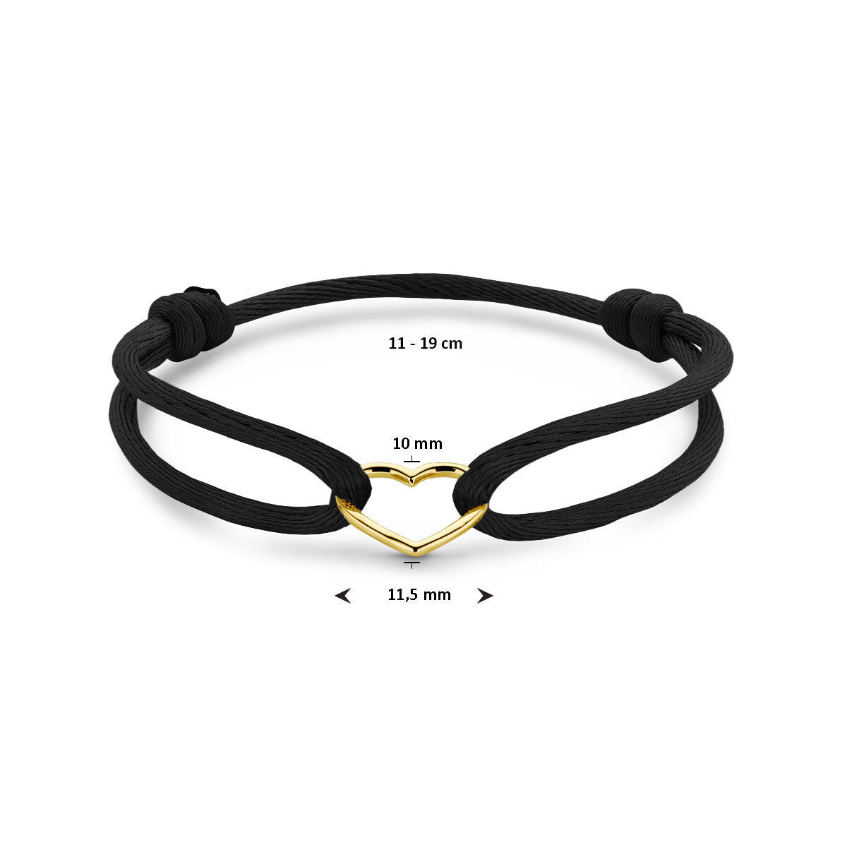 Armband satijn zwart hart 11 - 19 cm (kinder lengte) 14K goud met rubber/nylon/leer