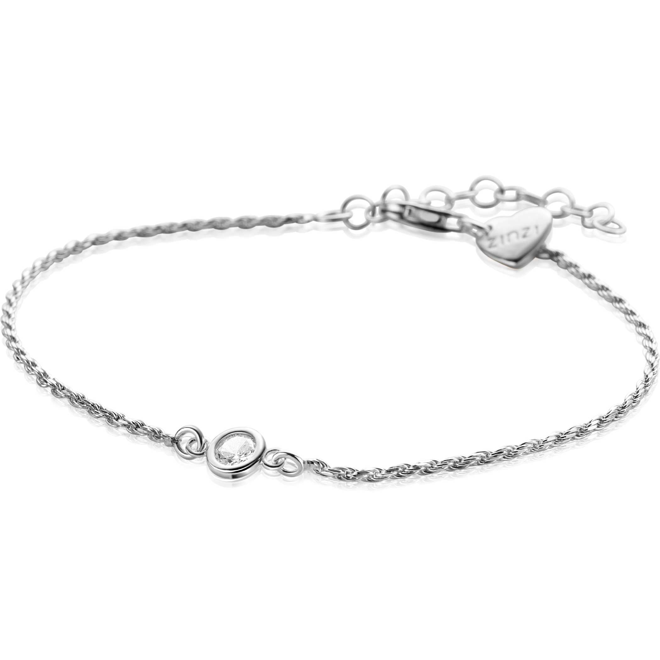 ZINZI zilveren koord armband bezet met een ronde witte zirconia 17-20cm - ZIA2461