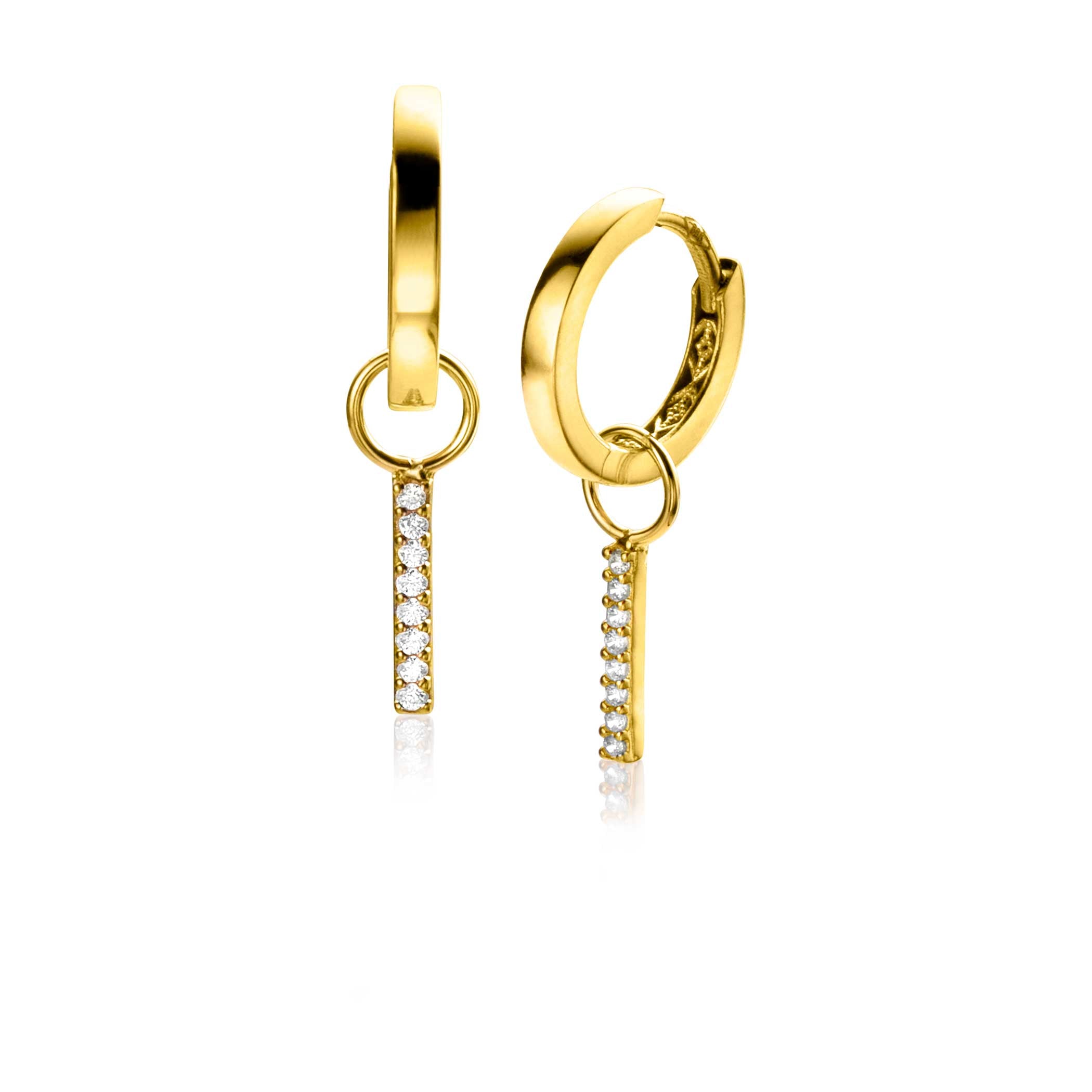 ZINZI Gold 14 krt gouden oorbedels staafje bezet met witte zirconia's 10mm ZGCH387 (zonder oorbellen)