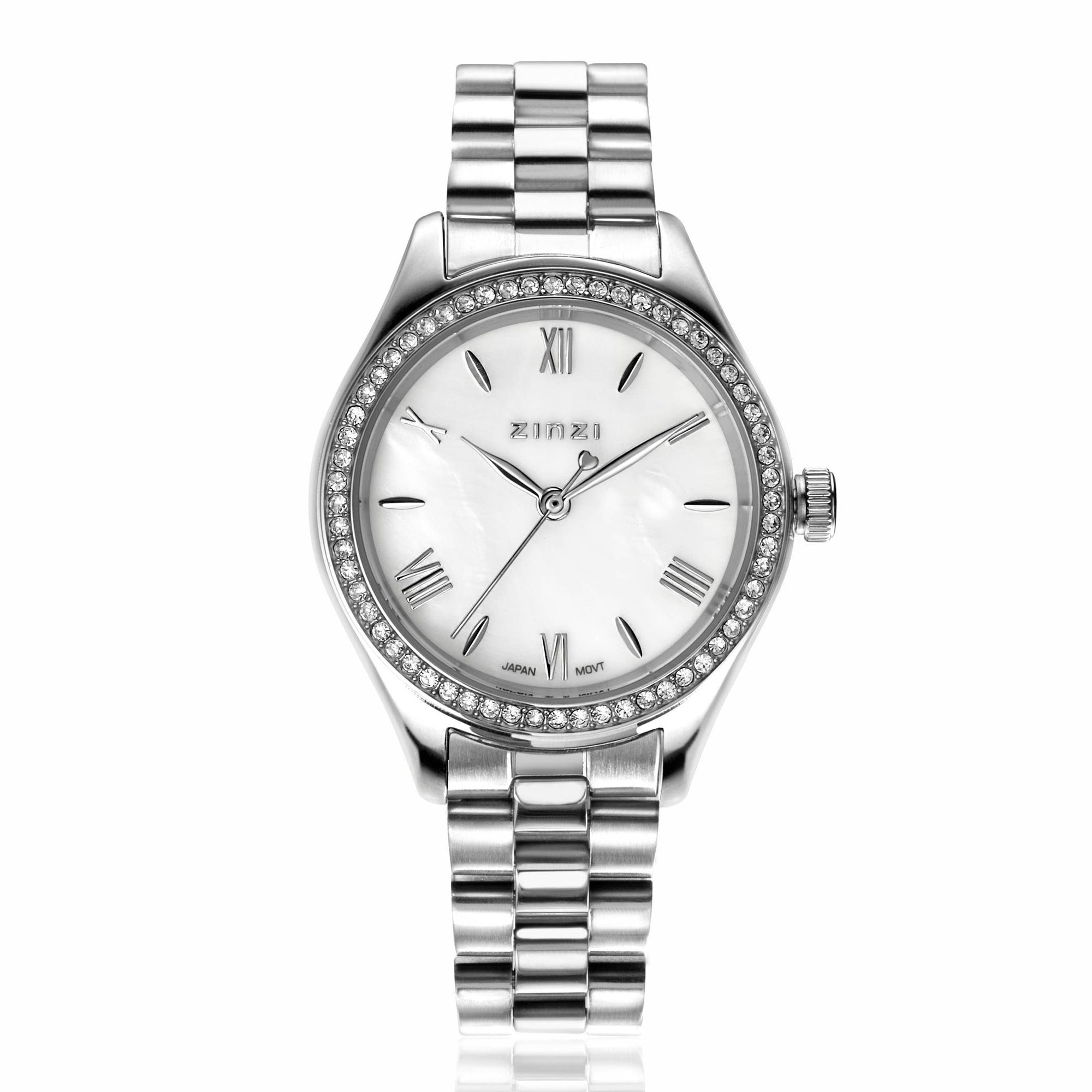 ZINZI Tresor horloge 32mm bezet met witte zirkonia's, parelmoer wijzerplaat en zilverkleurige stalen kast en schakelband ZIW2417 + gratis armband t.w.v. 39,95 - PansiteNederland.nl