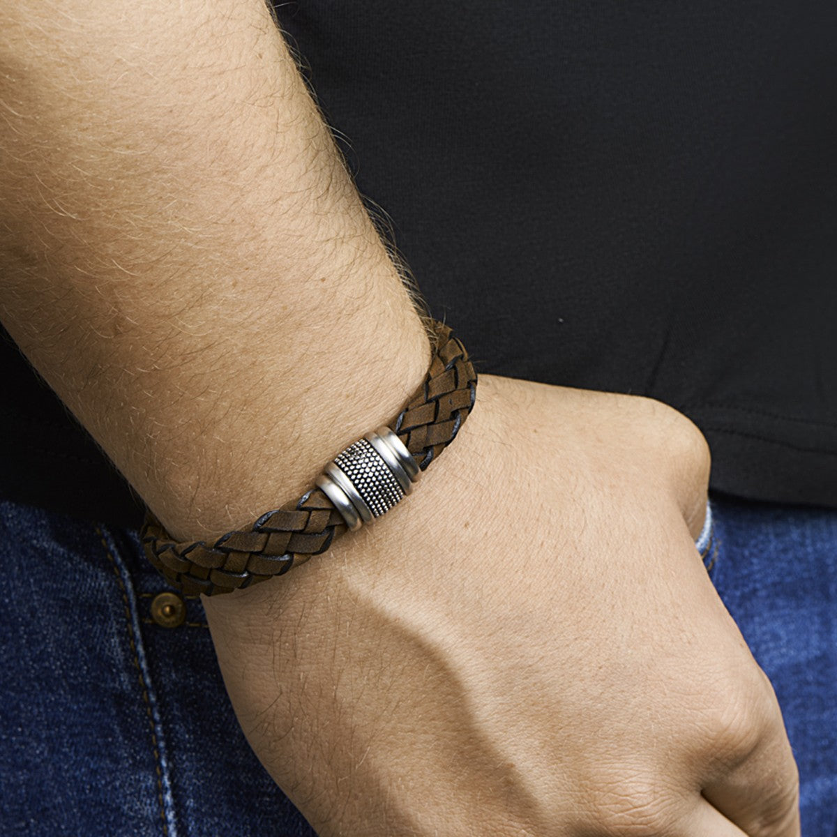 Fantasy Collection Armband leer donkerbruin edelstaal