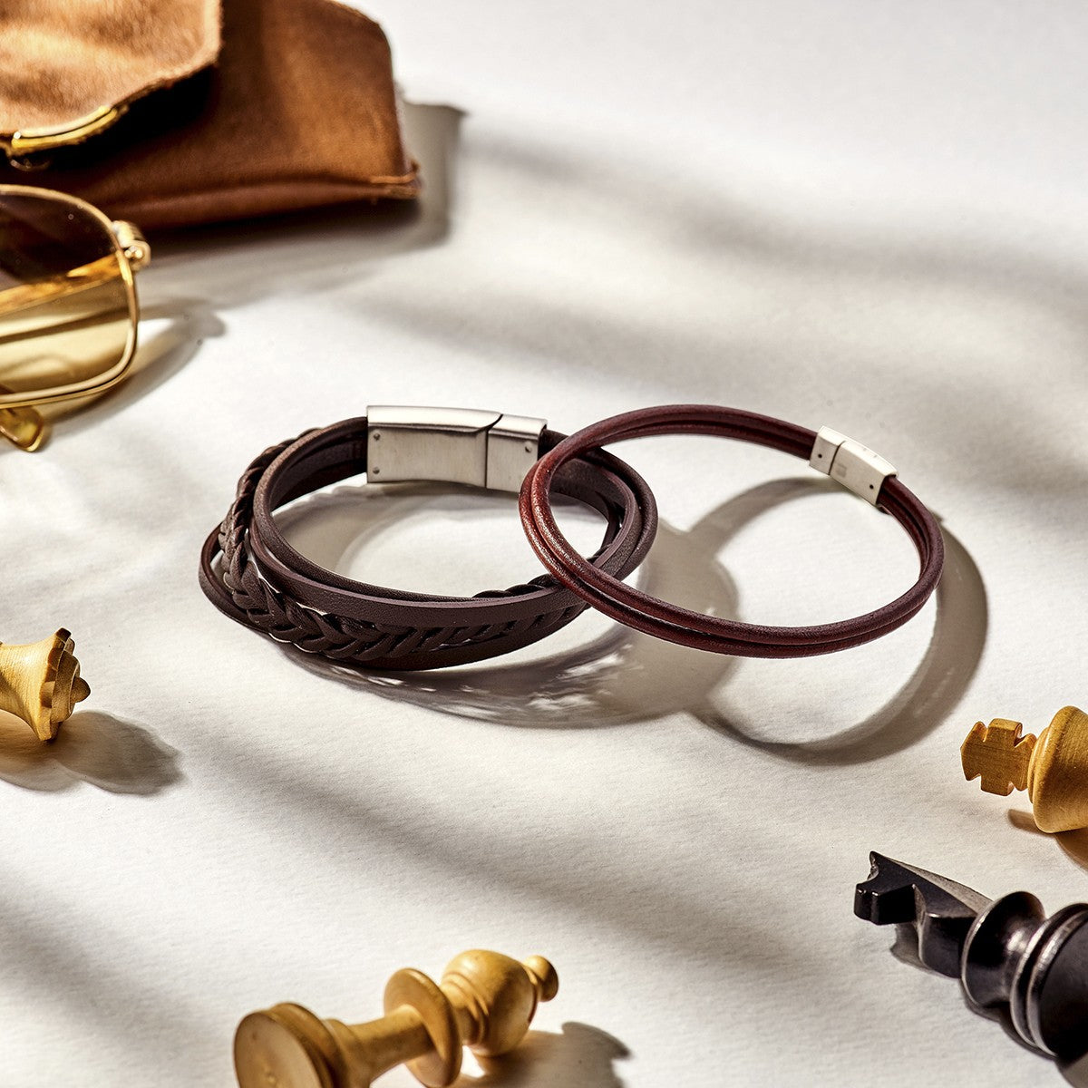 Fantasy Collection Armband leer bruin 12 mm edelstaal
