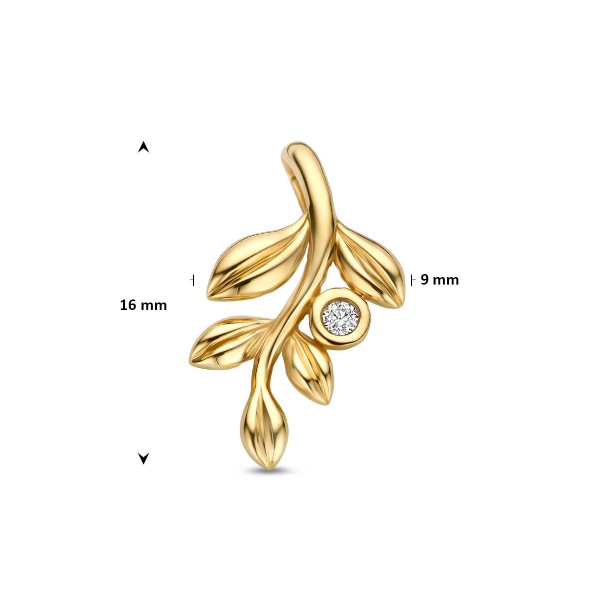 Hanger bladeren en lab grown diamant 0.02ct f vs 14K geelgoud 16 mm