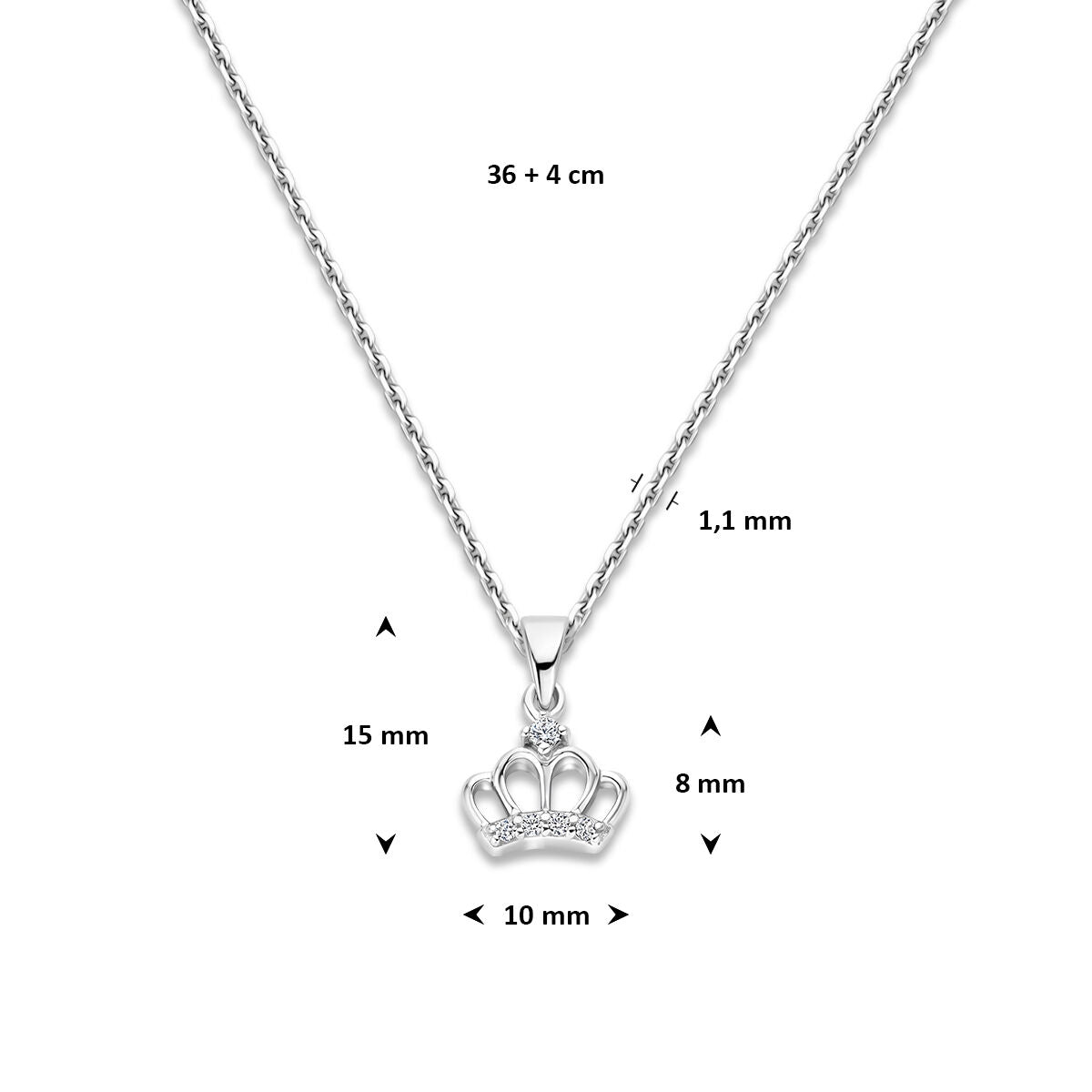 Collier kroon zirkonia 36 + 4 cm zilver gerhodineerd