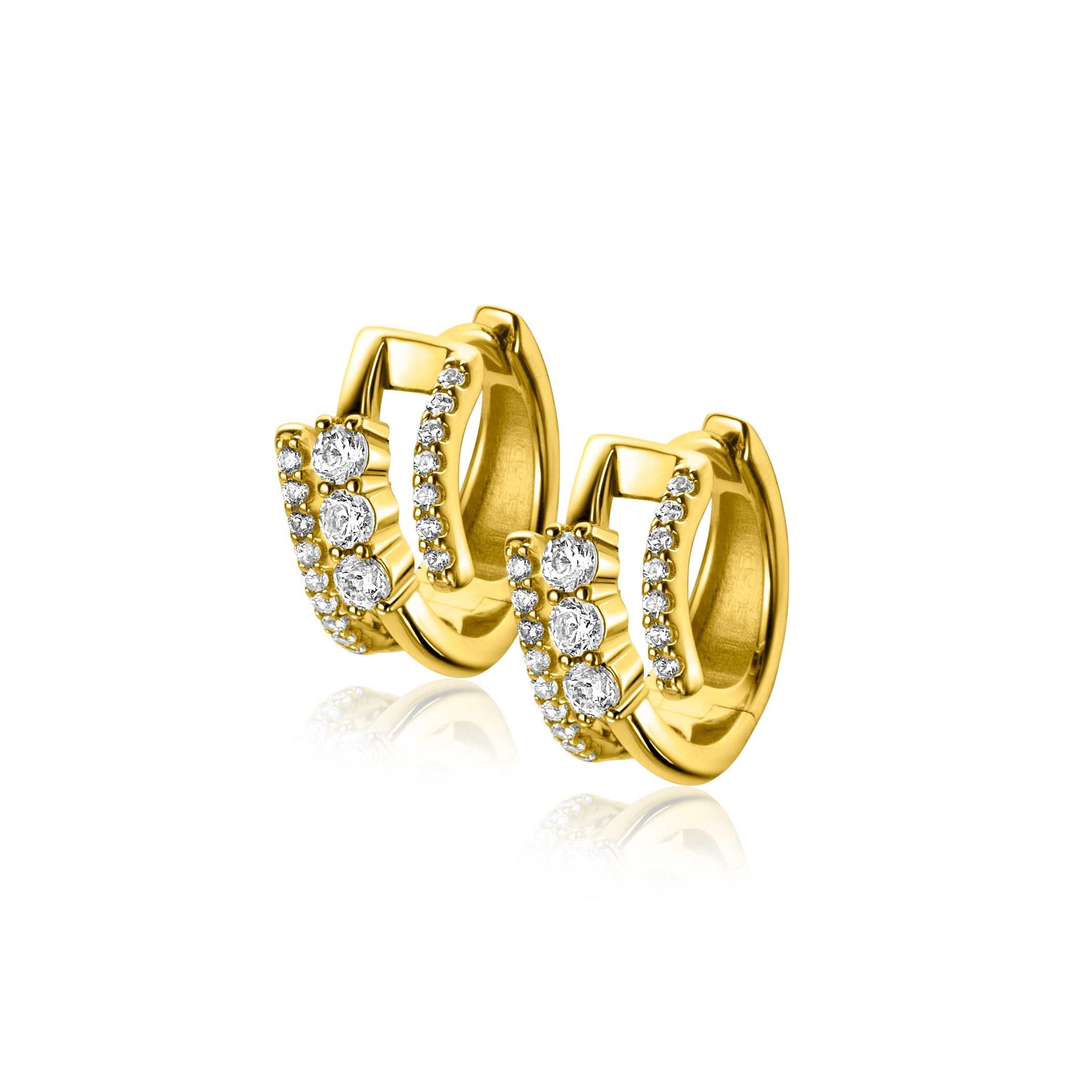 ZINZI gold plated zilveren multi-look oorringen met 3 rijen, bezet met witte zirkonia's 9mm breed met luxe klapsluiting 16mm ZIO2645Y - PansiteNederland.nl