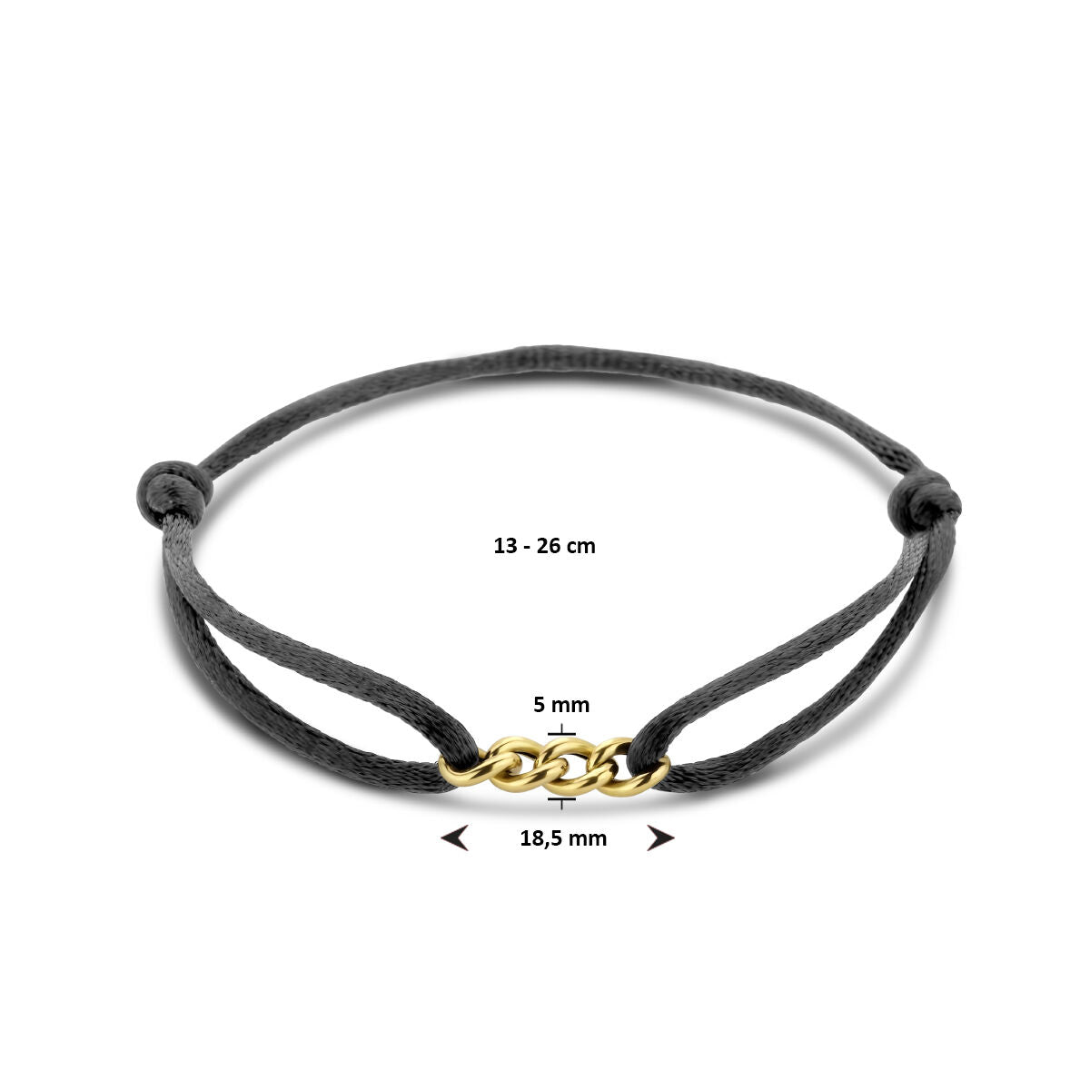 Armband satijn zwart 13 - 26 cm 14K goud met rubber/nylon/leer 5 x 18,5 mm – 4700295