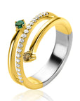 ZINZI gold plated zilveren multi-look ring (9mm breed) met 3 rijen, bezet met groene kleurstenen en witte zirkonia's ZIR2646G - PansiteNederland.nl