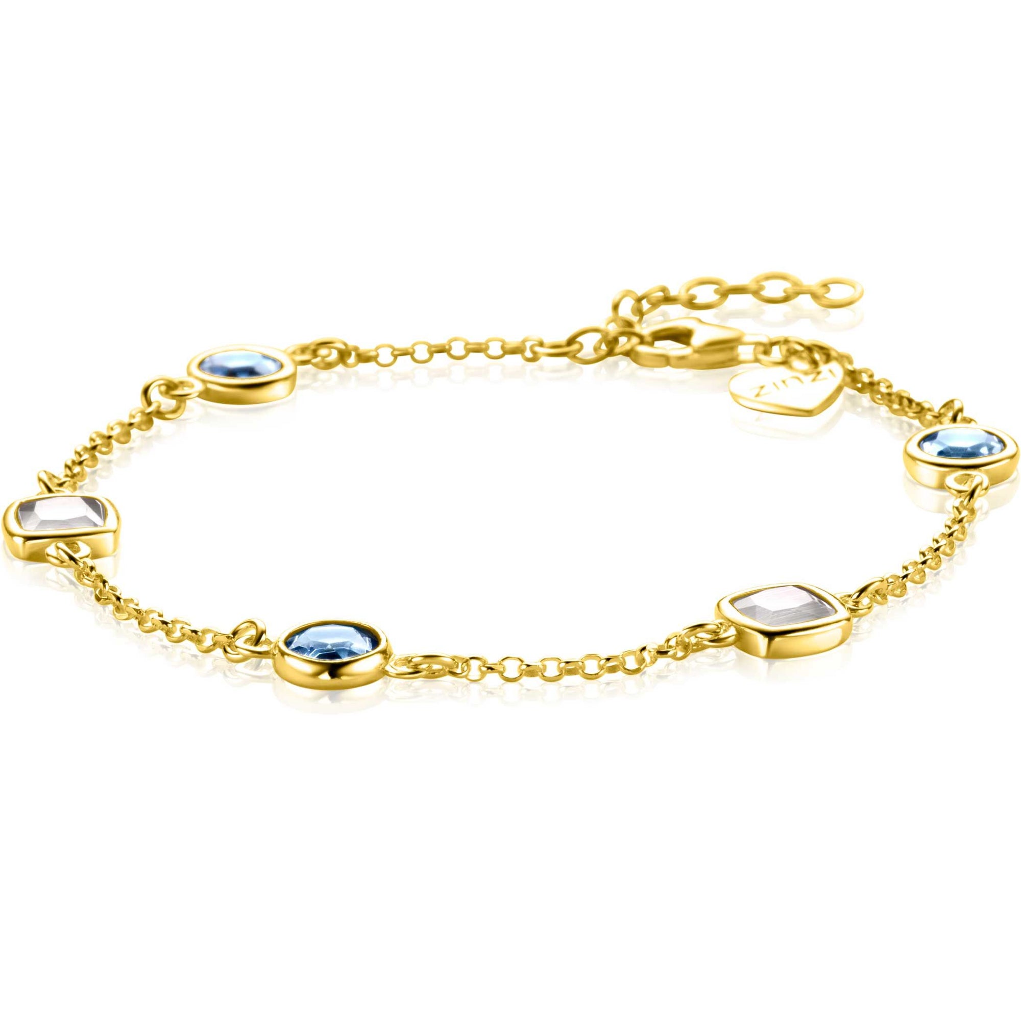 ZINZI gold plated zilveren armband met ronde en vierkante zettingen jeansblauw en witgrijs 17-20cm ZIA2526G - PansiteNederland.nl