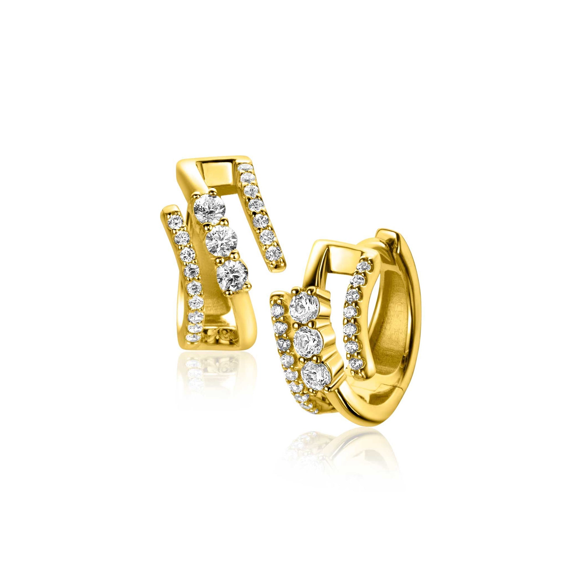 ZINZI gold plated zilveren multi-look oorringen met 3 rijen, bezet met witte zirkonia's 9mm breed met luxe klapsluiting 16mm ZIO2645Y - PansiteNederland.nl
