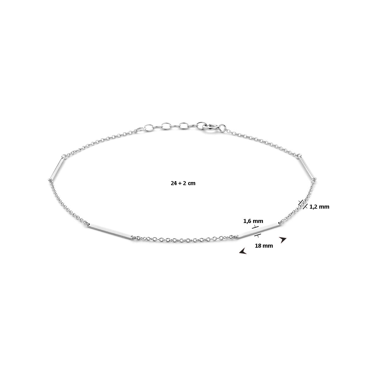 Enkelbandje balkjes 1,6 mm 24 + 2 cm zilver gerhodineerd