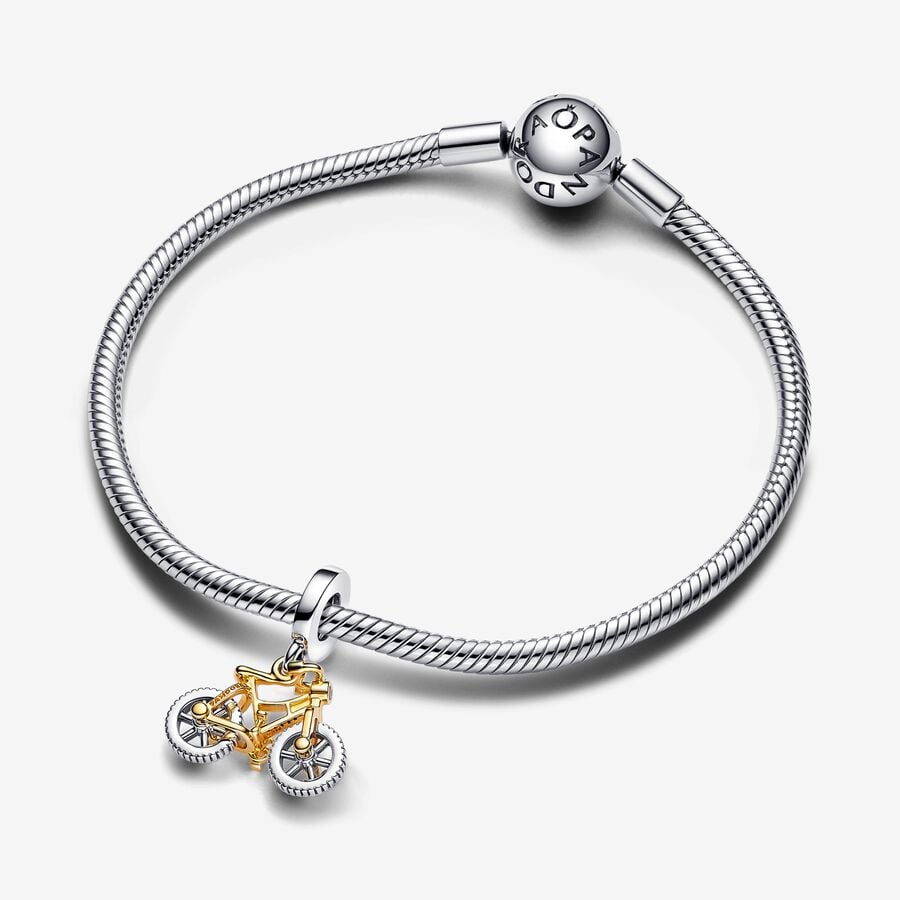 Pandora Tweekleurige Fiets Hangende Bedel met Draaiende Wielen bicolor zilver en goudverguld - 763354C01