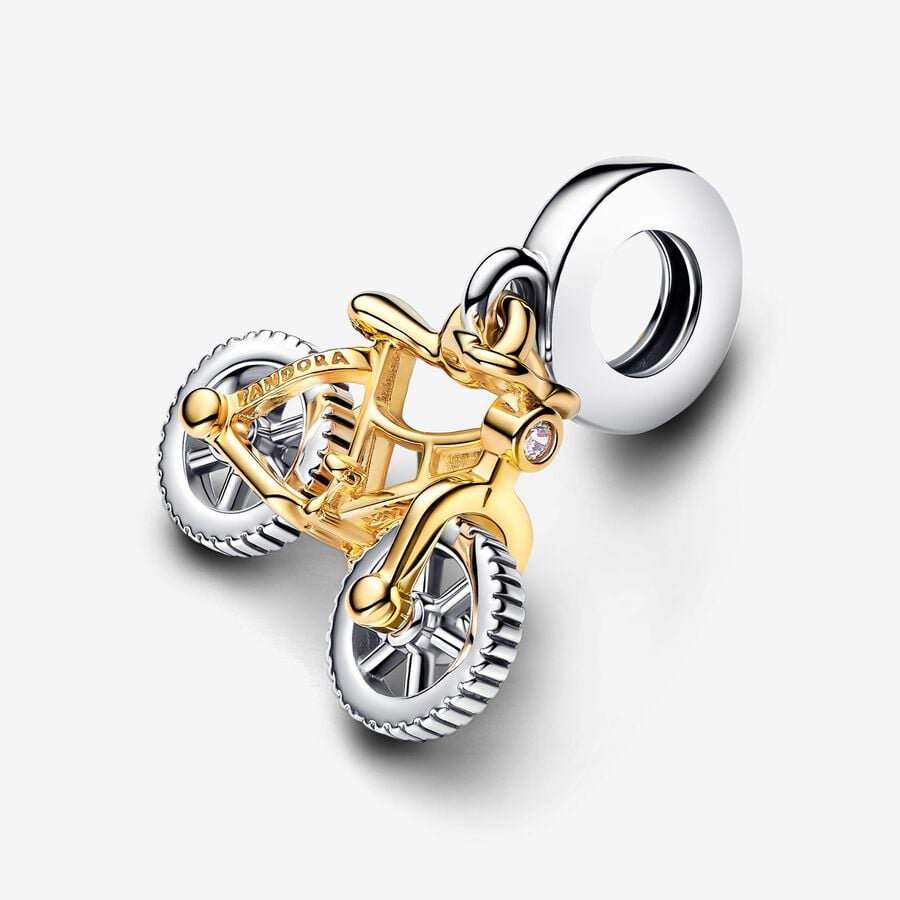 Pandora Tweekleurige Fiets Hangende Bedel met Draaiende Wielen bicolor zilver en goudverguld - 763354C01