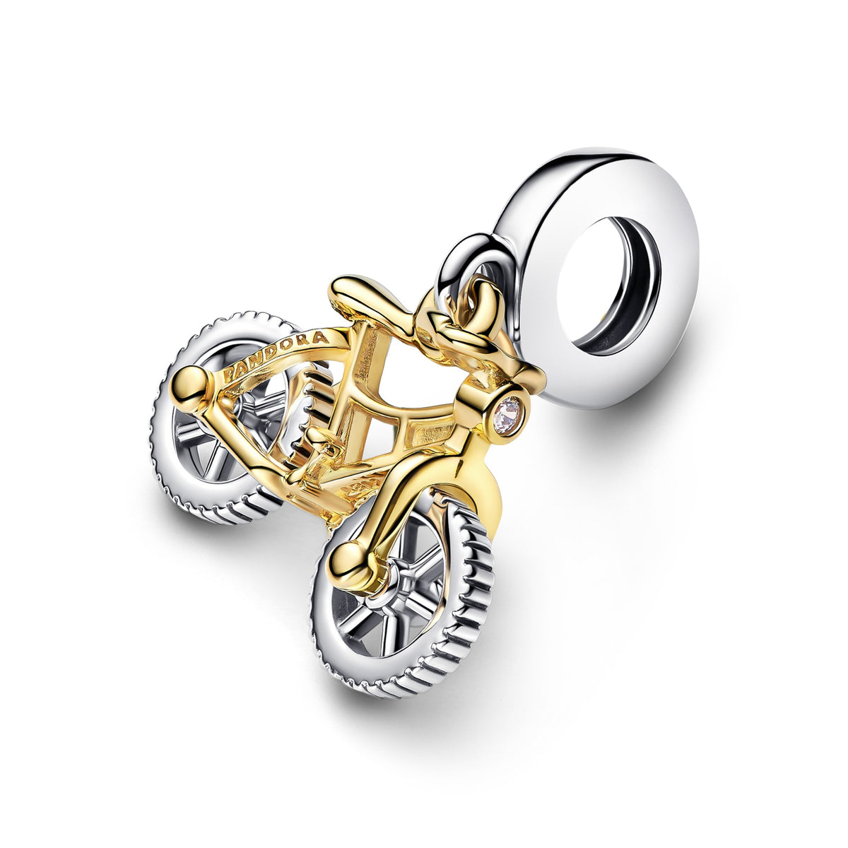Pandora Tweekleurige Fiets Hangende Bedel met Draaiende Wielen bicolor zilver en goudverguld 763354C01