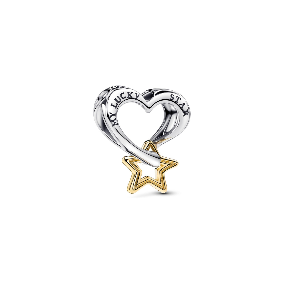Pandora Bedel met geluksster en hart bicolor zilver en goudverguld