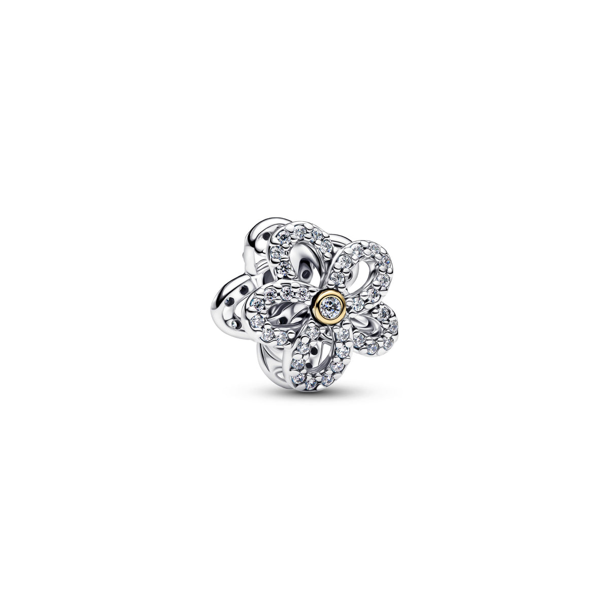 Pandora Pavé Bloem Opengewerkte Bedel bicolor zilver en goudverguld