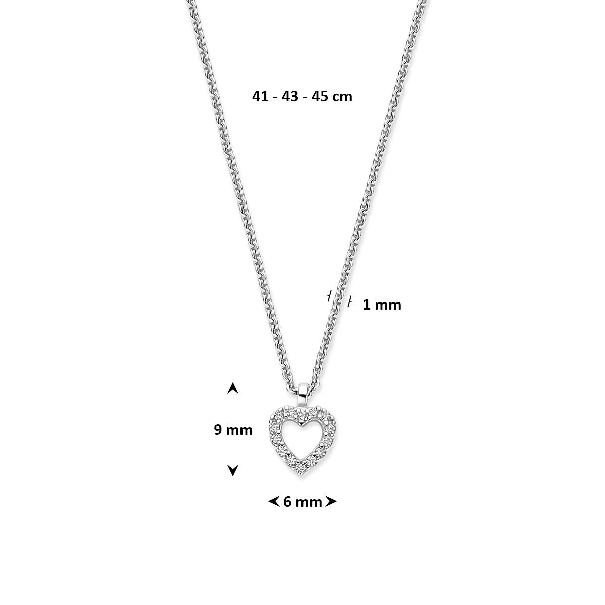 Fantasy Collection Collier zirkonia hartje 41 - 43 - 45 cm zilver gerhodineerd