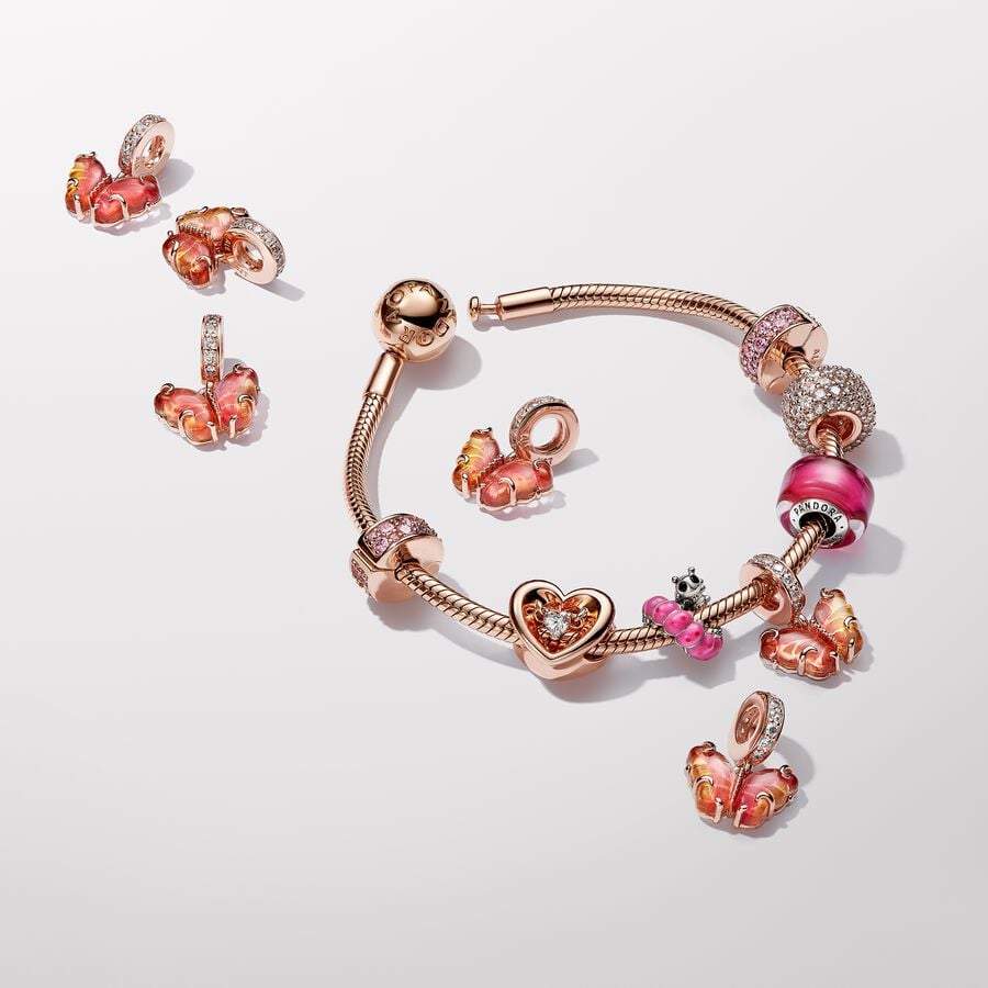 Pandora Roze en Gele Muranoglazen Vlinder Hangende Bedel roségoudverguld - 782698C01