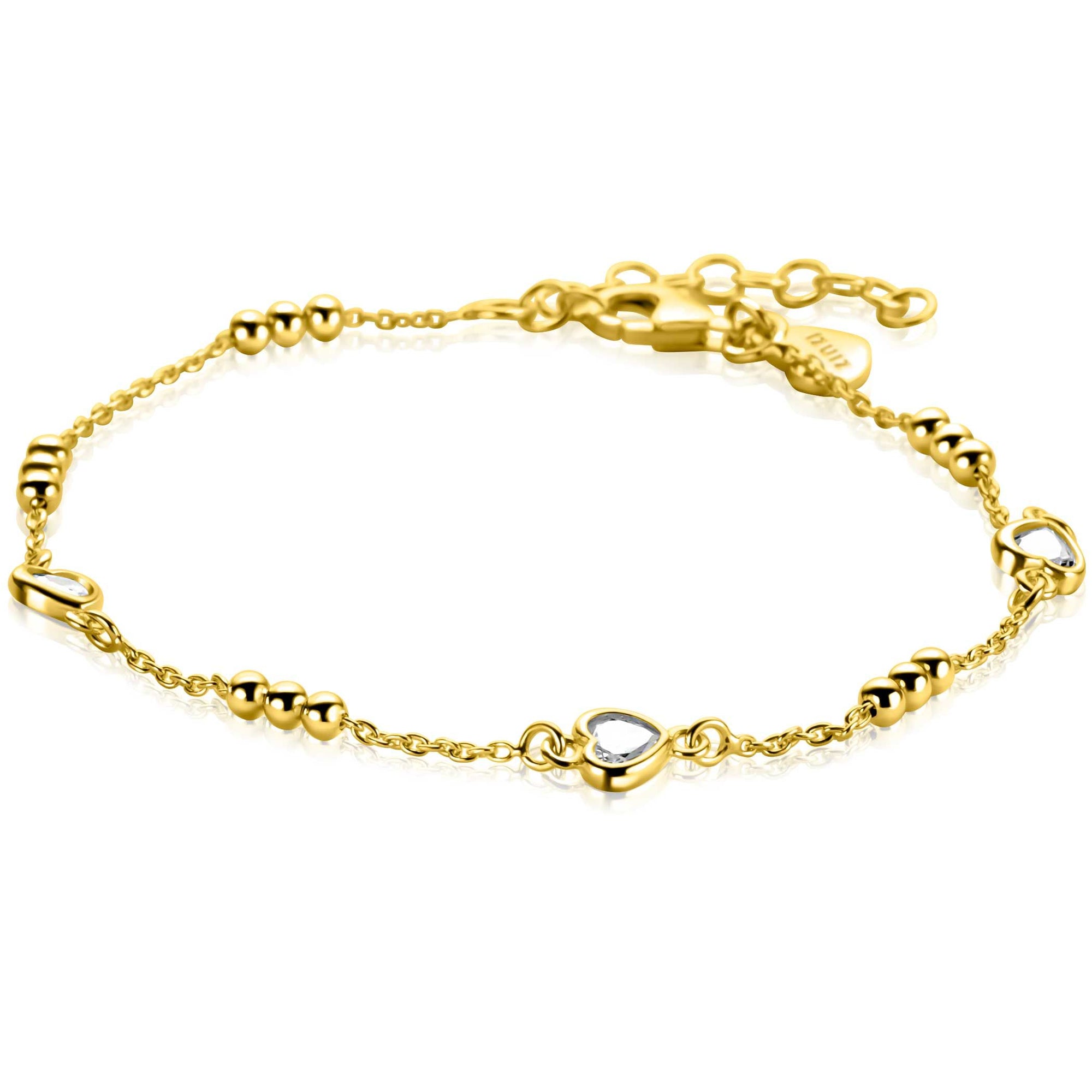 ZINZI gold plated zilveren schakelarmband met trio-bolletjes en drie hartvormige zirkonia's 17-20cm ZIA2679 - PansiteNederland.nl