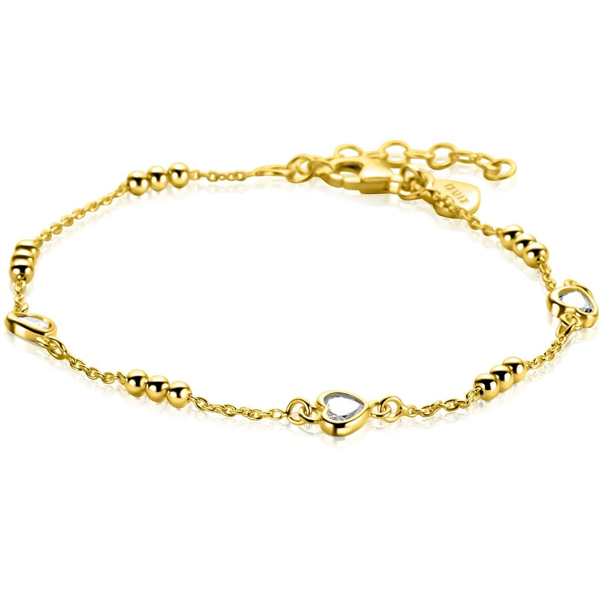 ZINZI gold plated zilveren schakelarmband met trio-bolletjes en drie hartvormige zirkonia's 17-20cm - ZIA2679
