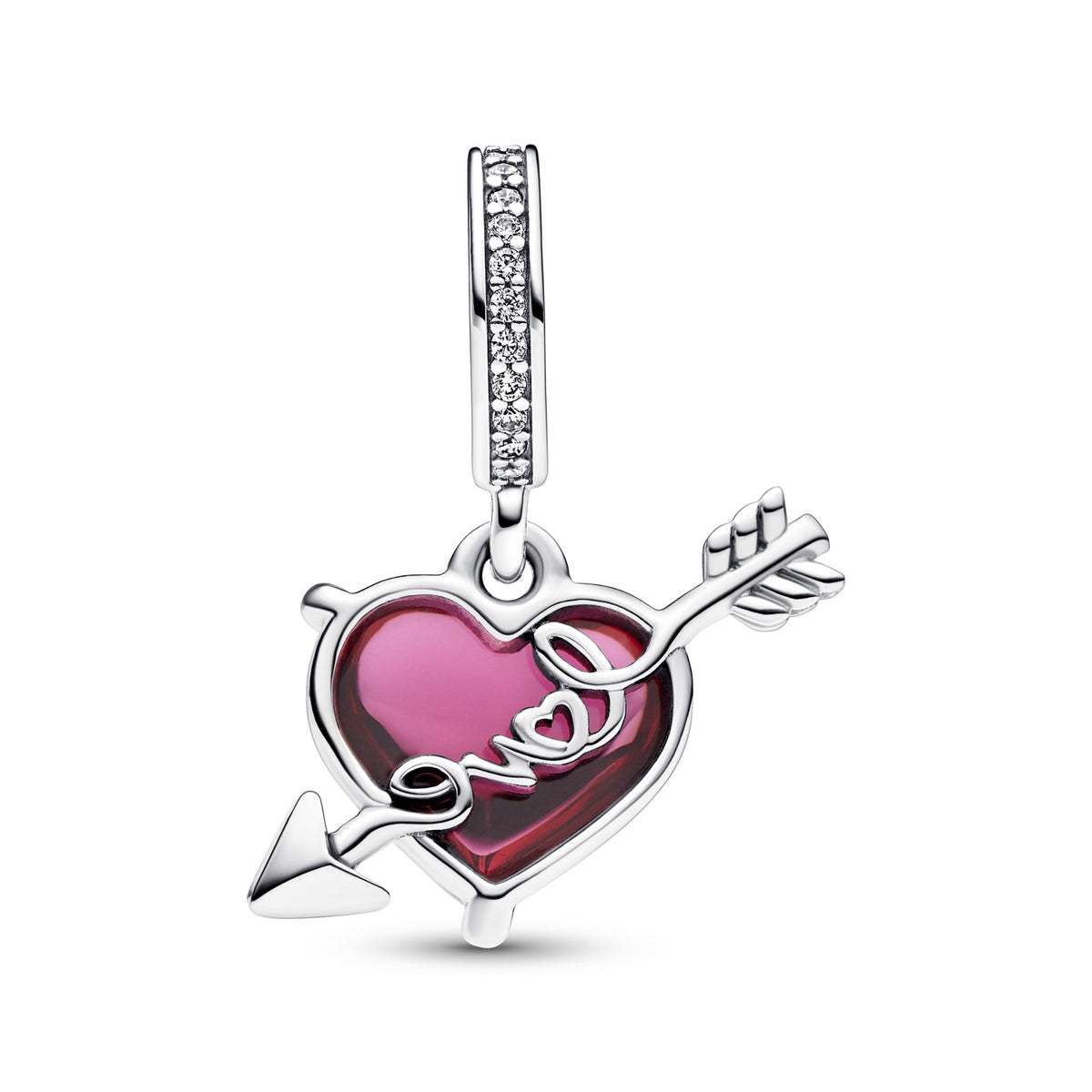 Pandora Rood hart & pijl muranoglazen hangende bedel zilver 793085C01