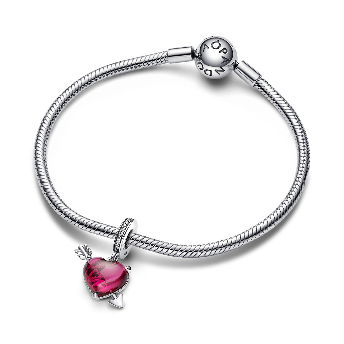 Pandora Rood hart & pijl muranoglazen hangende bedel zilver 793085C01