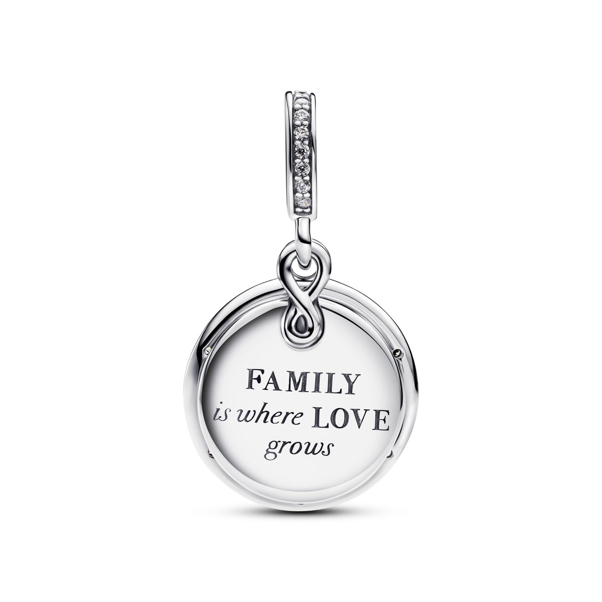 Pandora Dubbele hangende glow-in-the-dark bedel met stamboom en lemniscaat zilver 793599C01