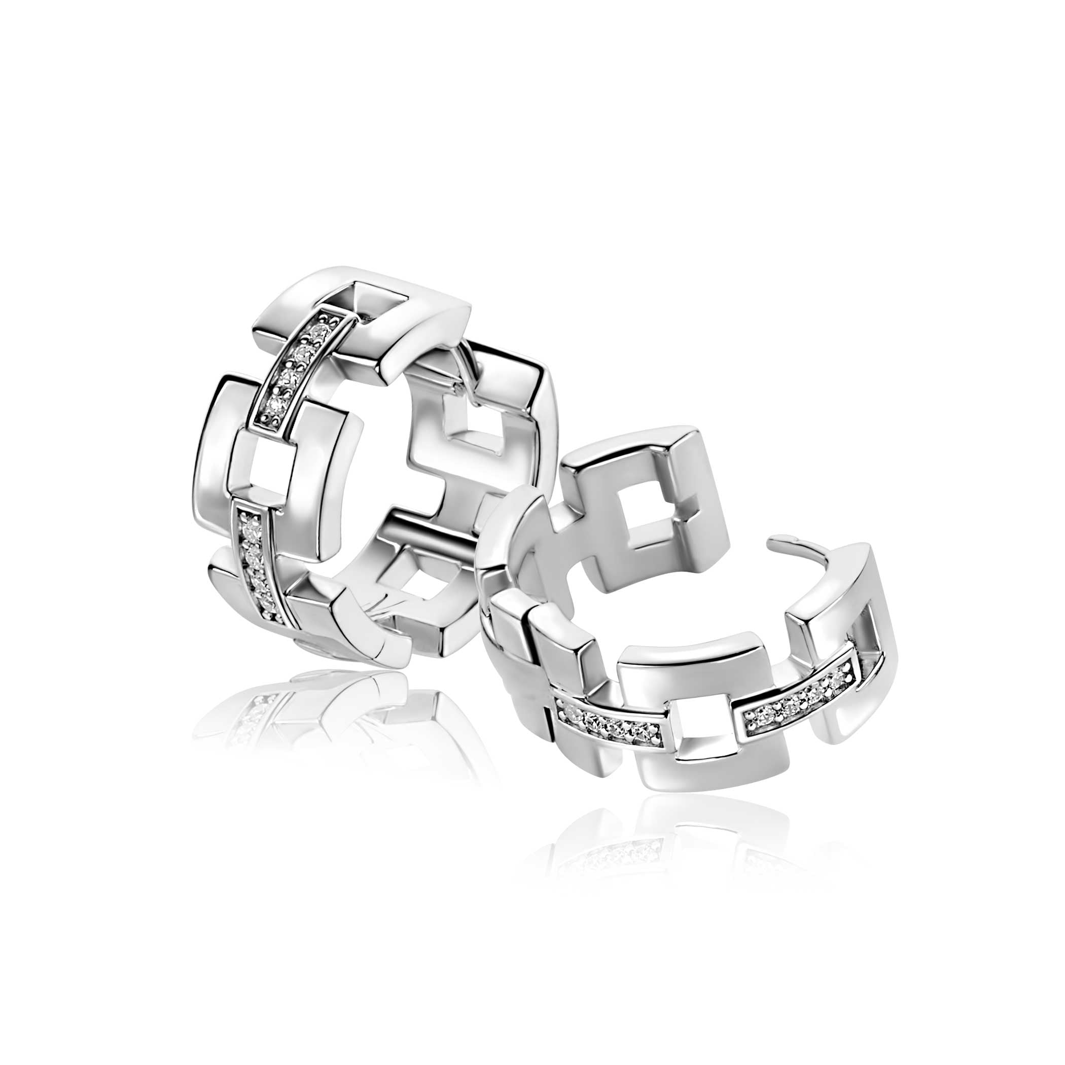 18mm Mart Visser by ZINZI zilveren oorbellen met vierkante schakels en luxe scharniersluiting witte zirkonia's MVCR27