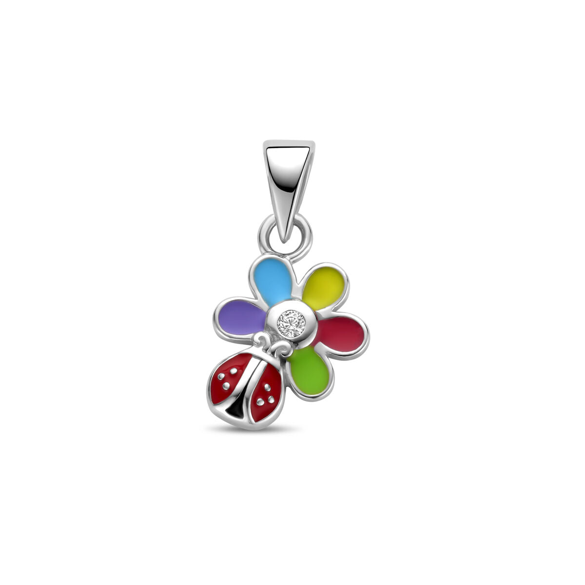 Fantasy Collection Hanger zirkonia emaille bloem en lieveheersbeestje 16 mm zilver