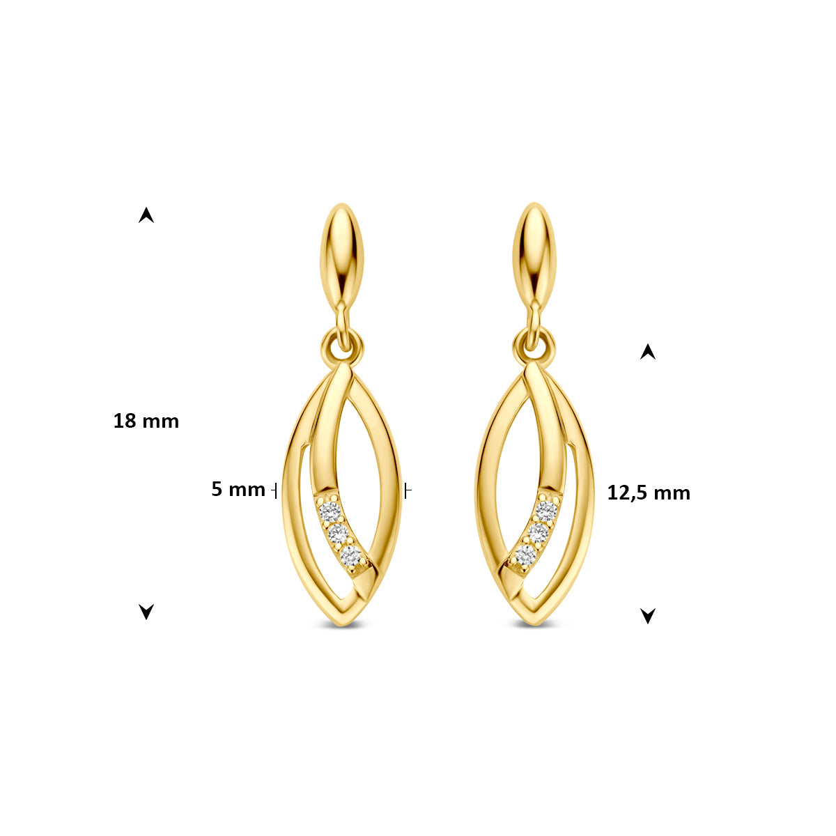 Oorhangers zirkonia 9K geelgoud 18 mm