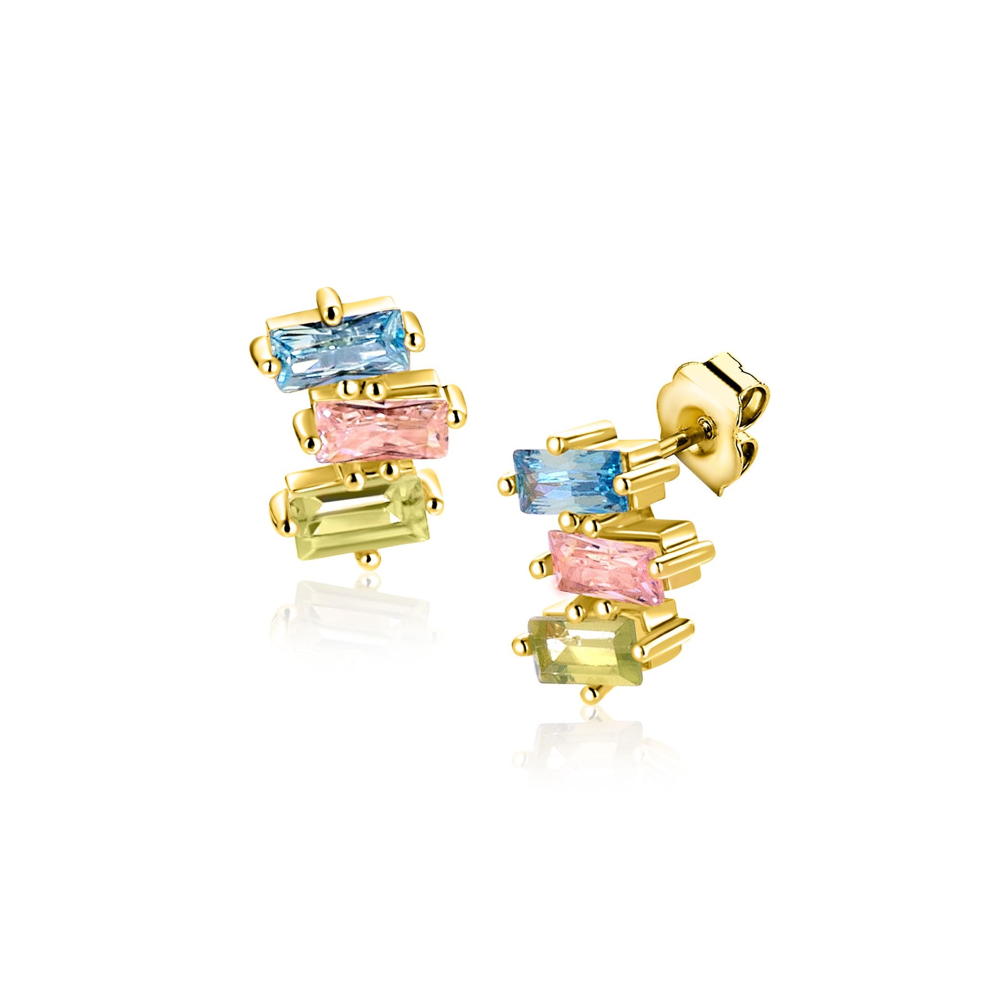 ZINZI gold plated zilveren oorstekers driekleurige baguette zirkonia 8mm ZIO2739 - PansiteNederland.nl