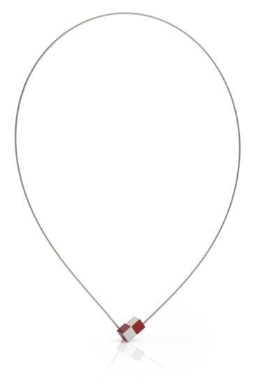 Clic Twee Kubusjes Rood Collier 43 cm zilver zwart - C205R