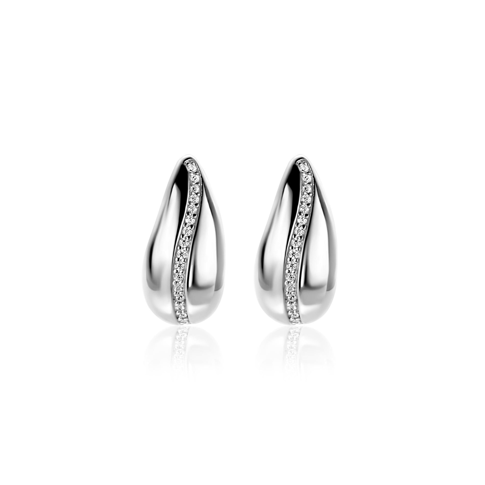 ZINZI zilveren oorstekers in druppelvorm met golvende rij witte zirkonia's 17mm ZIO2707 - PansiteNederland.nl