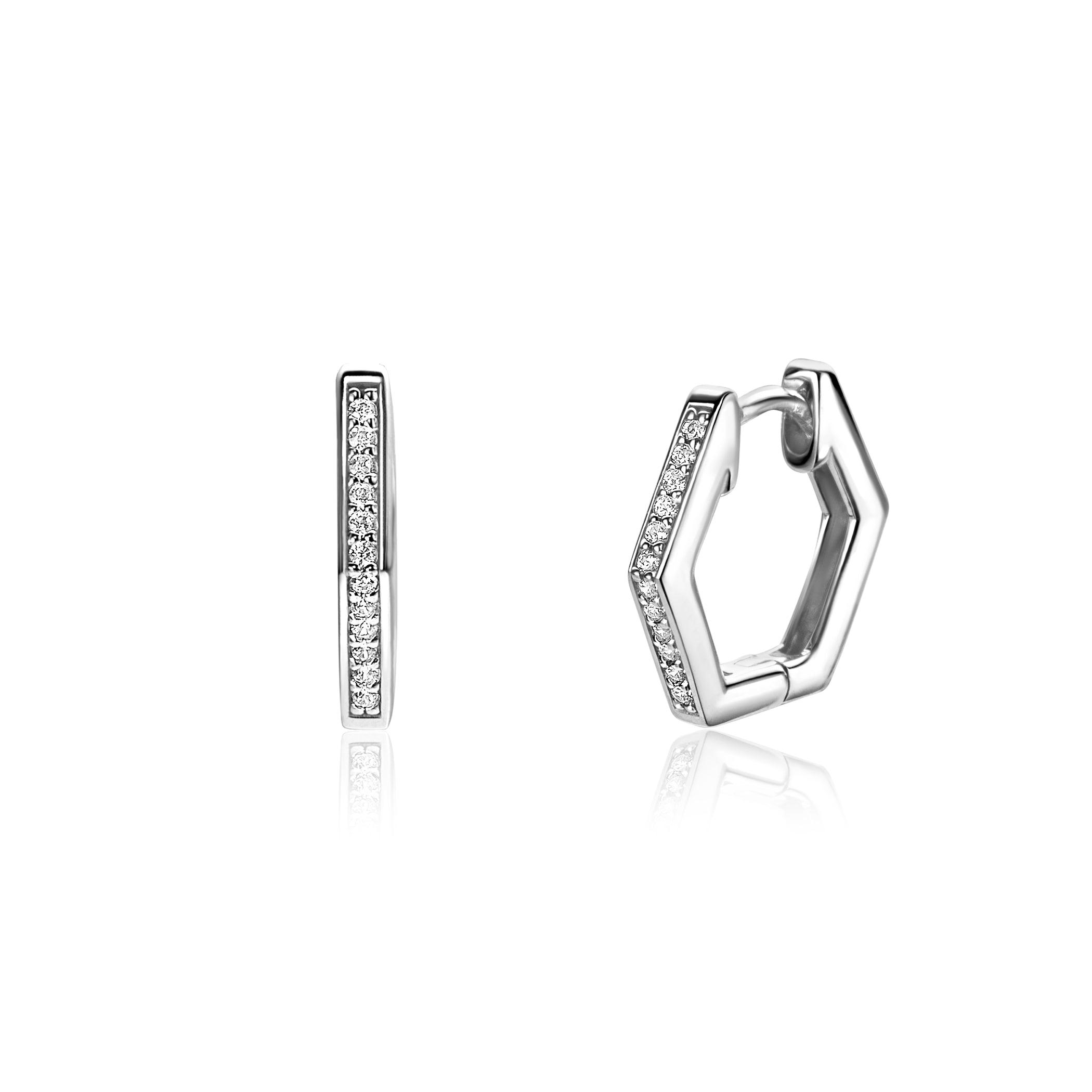 15mm ZINZI zilveren oorbellen in leuke hexagon vorm bezet met witte zirconia's, met luxe klapsluiting 15x2mm - ZIO2433