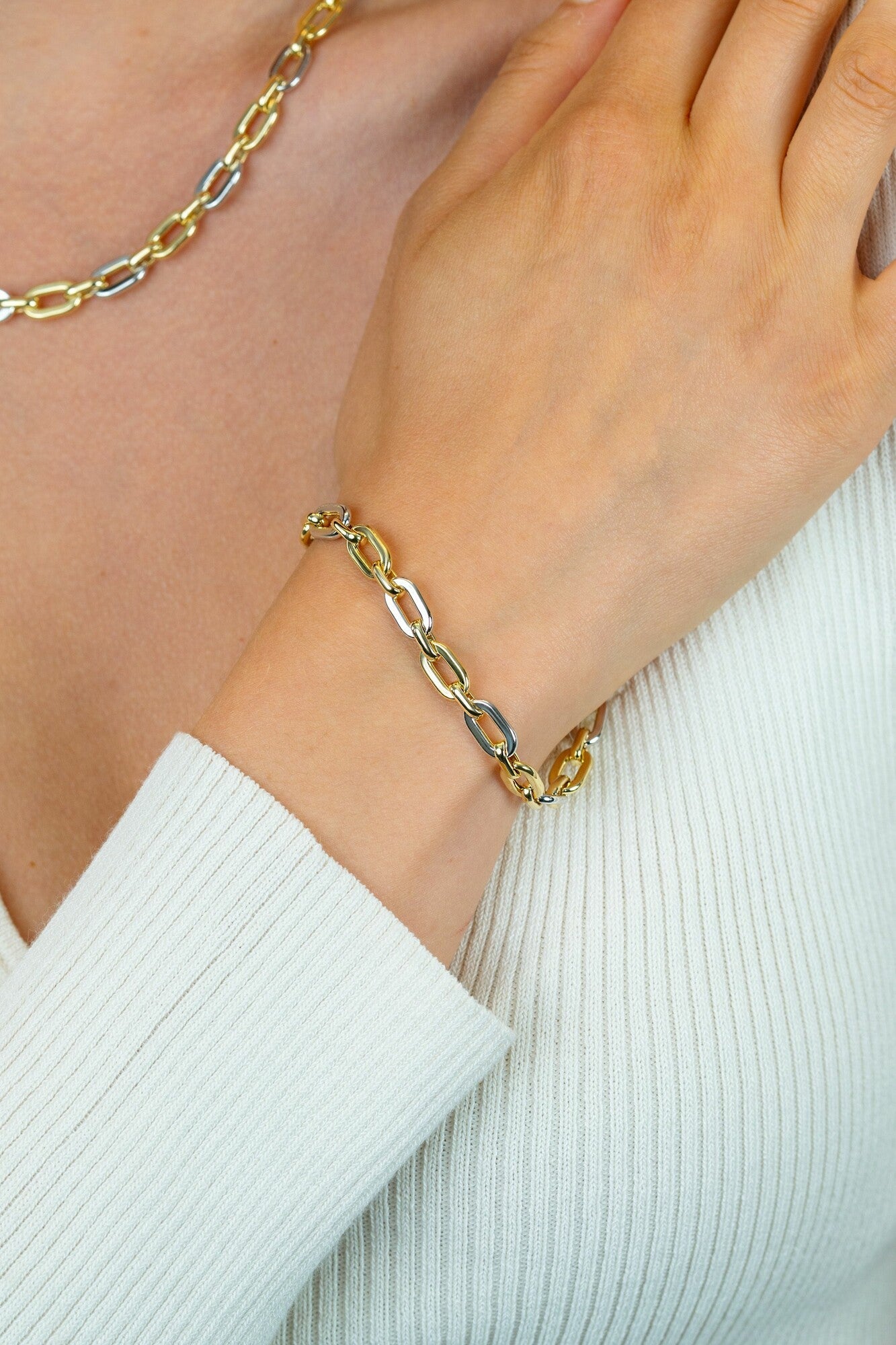 ZINZI gold plated armband met bicolor rechthoekige schakels 6,5mm ZIA2757