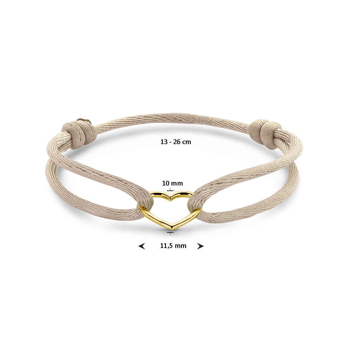 Fantasy Collection Armband satijn beige hart 13 - 26 cm 14K goud met rubber/nylon/leer