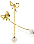 Zinzi 60mm gold plated zilveren strik oorstekers met jasseron kettinkje en zoetwaterparel ZIO2677 - PansiteNederland.nl