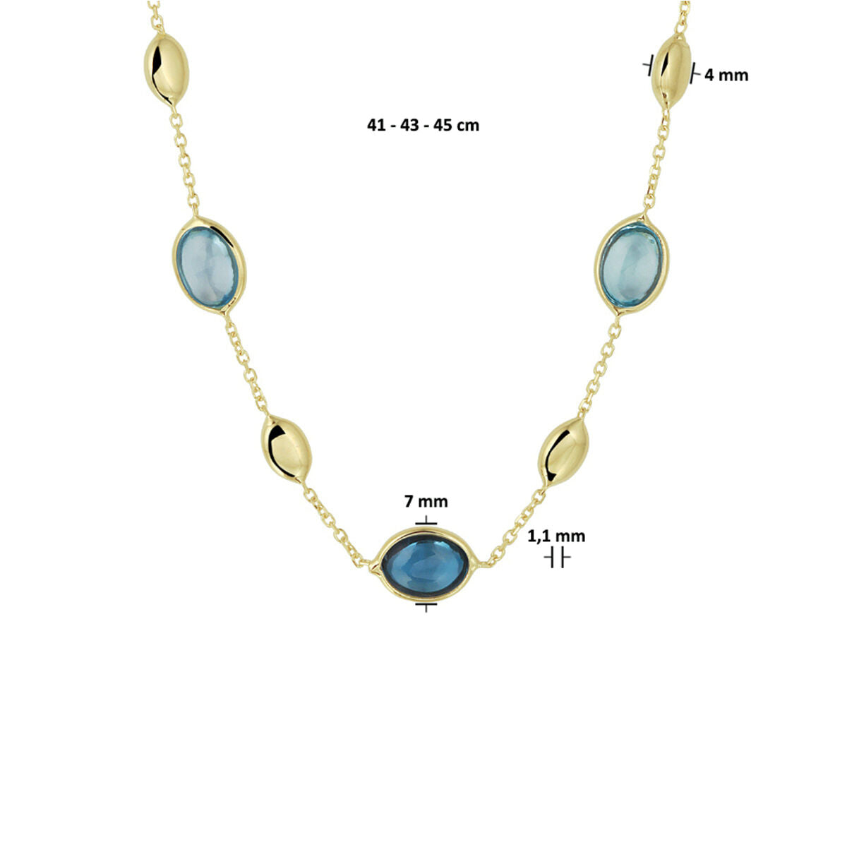 Fantasy Collection Collier london blue en blauw topaas 7 mm 41 - 43 - 45 cm 14K geelgoud
