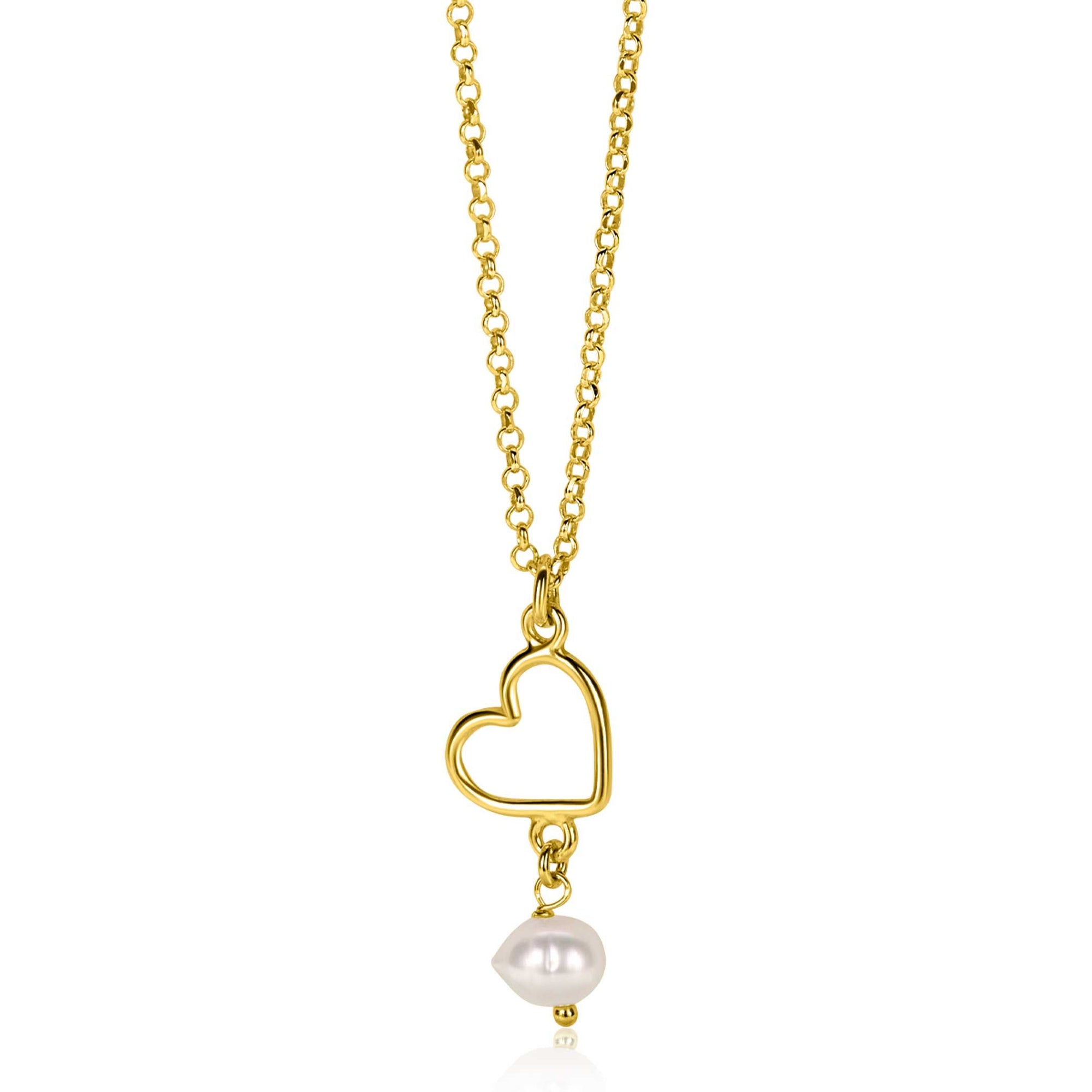 ZINZI gold plated zilveren ketting met open hartje en bungelend witte zoetwaterparel 40-45cm ZIC2642