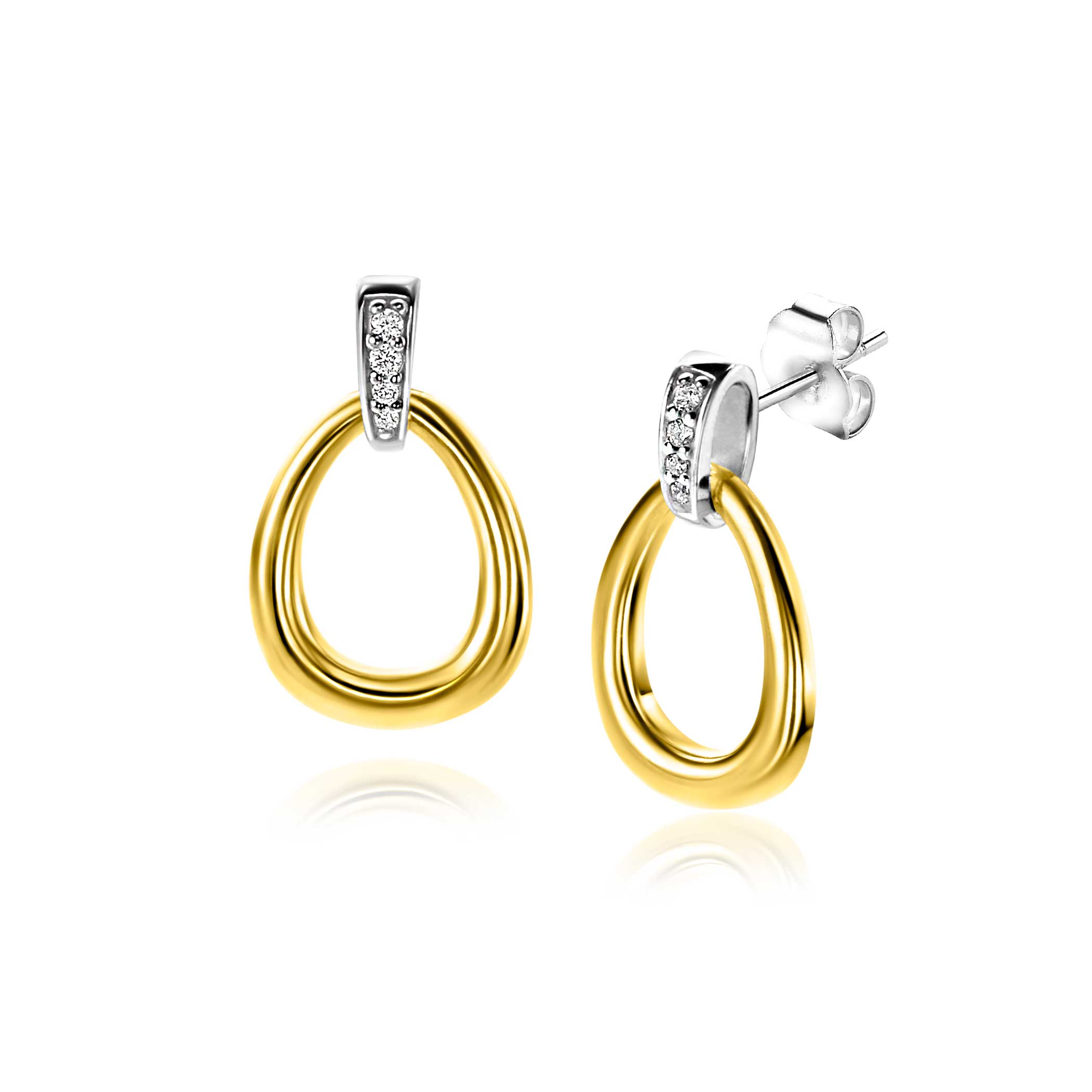 19mm ZINZI gold plated zilveren bicolor oorbellen druppelvorm glad met witte zirconia's - ZIO1709Y